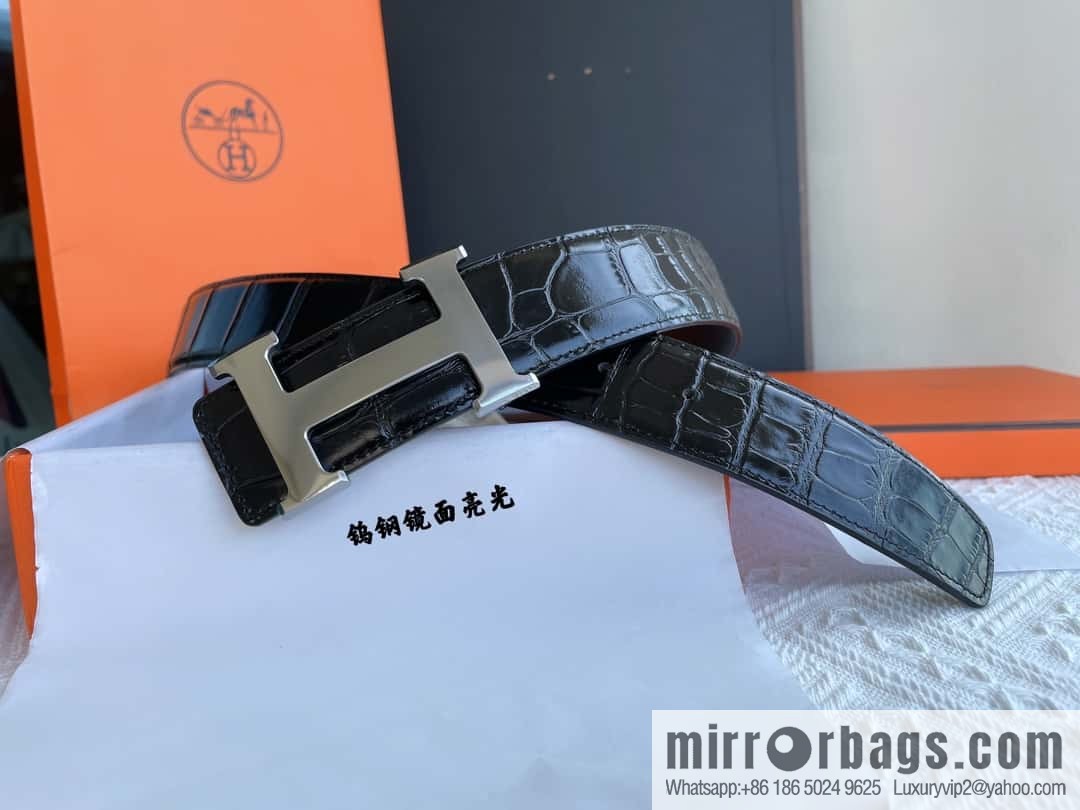 Hermes Hermes, exquisite Wu Gang glossy buckle, imported cowhide pressed crocodile pattern cowhide belt 38cm