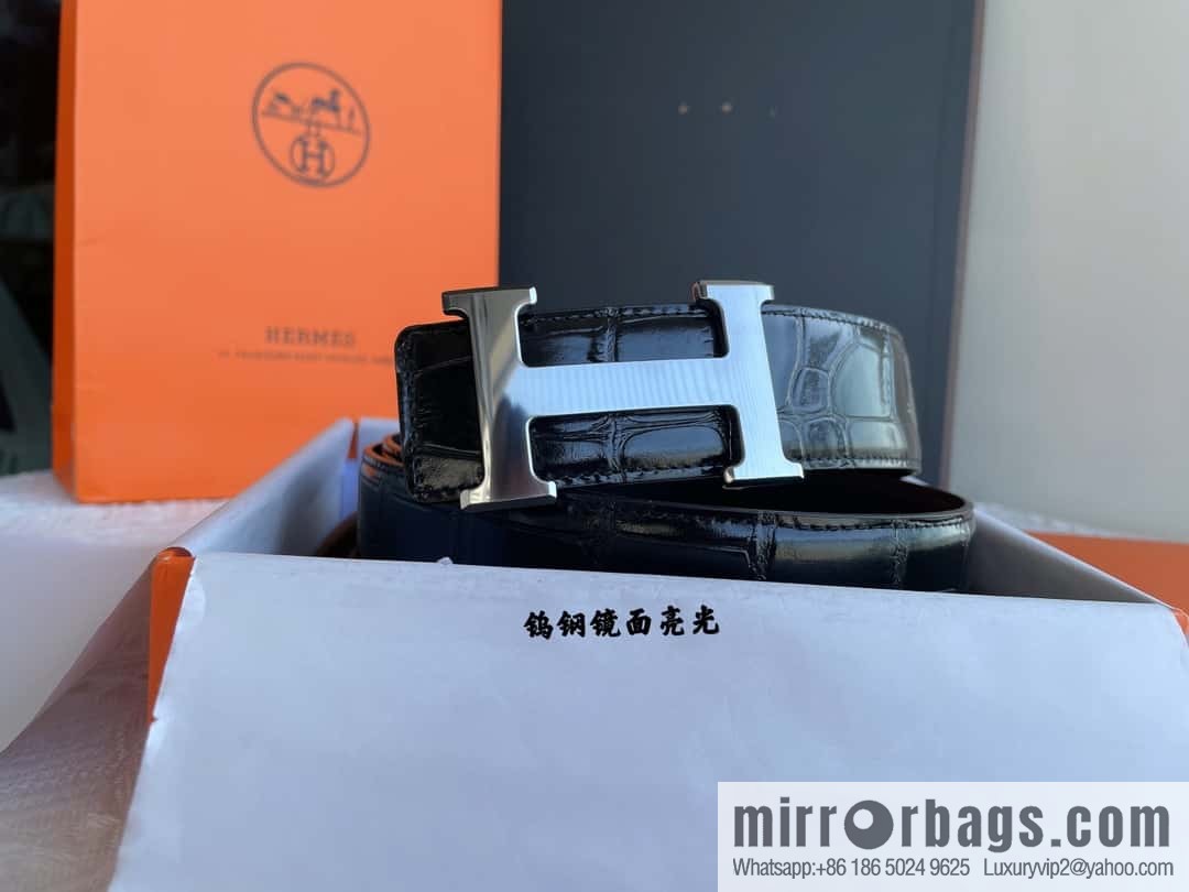 Hermes Hermes, exquisite Wu Gang glossy buckle, imported cowhide pressed crocodile pattern cowhide belt 38cm
