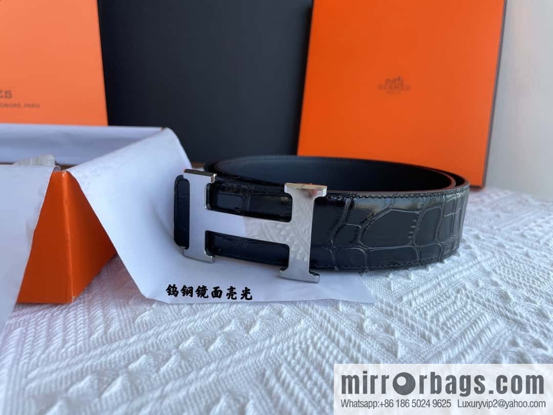 Hermes Hermes, exquisite Wu Gang glossy buckle, imported cowhide pressed crocodile pattern cowhide belt 38cm