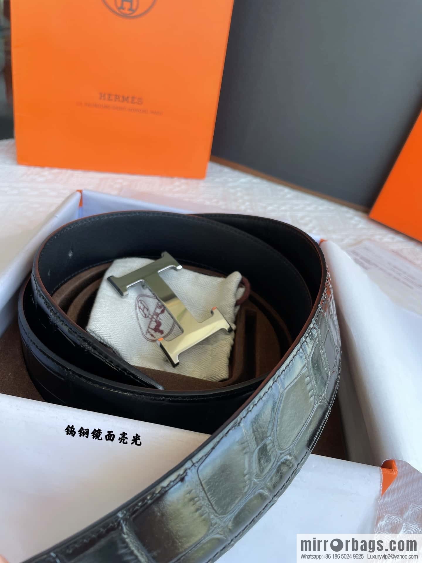 Hermes Hermes, exquisite Wu Gang glossy buckle, imported cowhide pressed crocodile pattern cowhide belt 38cm