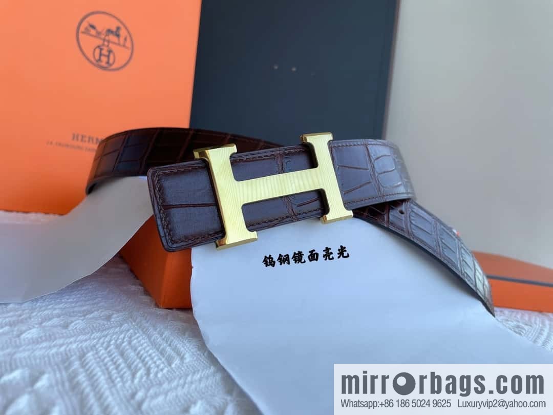 Hermes Hermes, exquisite Wu Gang glossy buckle, imported cowhide pressed crocodile pattern cowhide belt 38cm