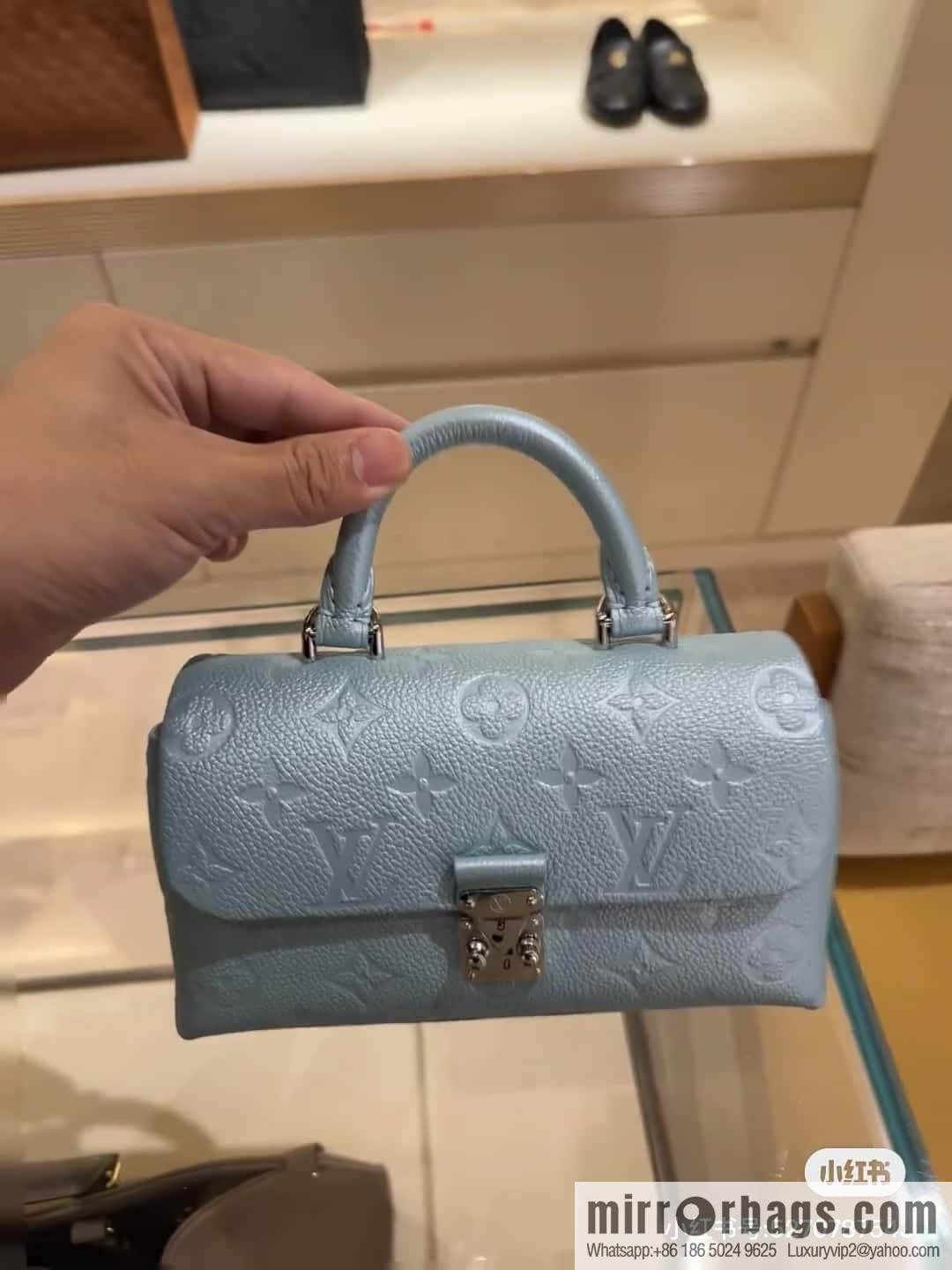 [Boutique‑grade] M12144 blue full leather embossed, chain bag handbag series, the new NANO MADELEINE handbag of the season