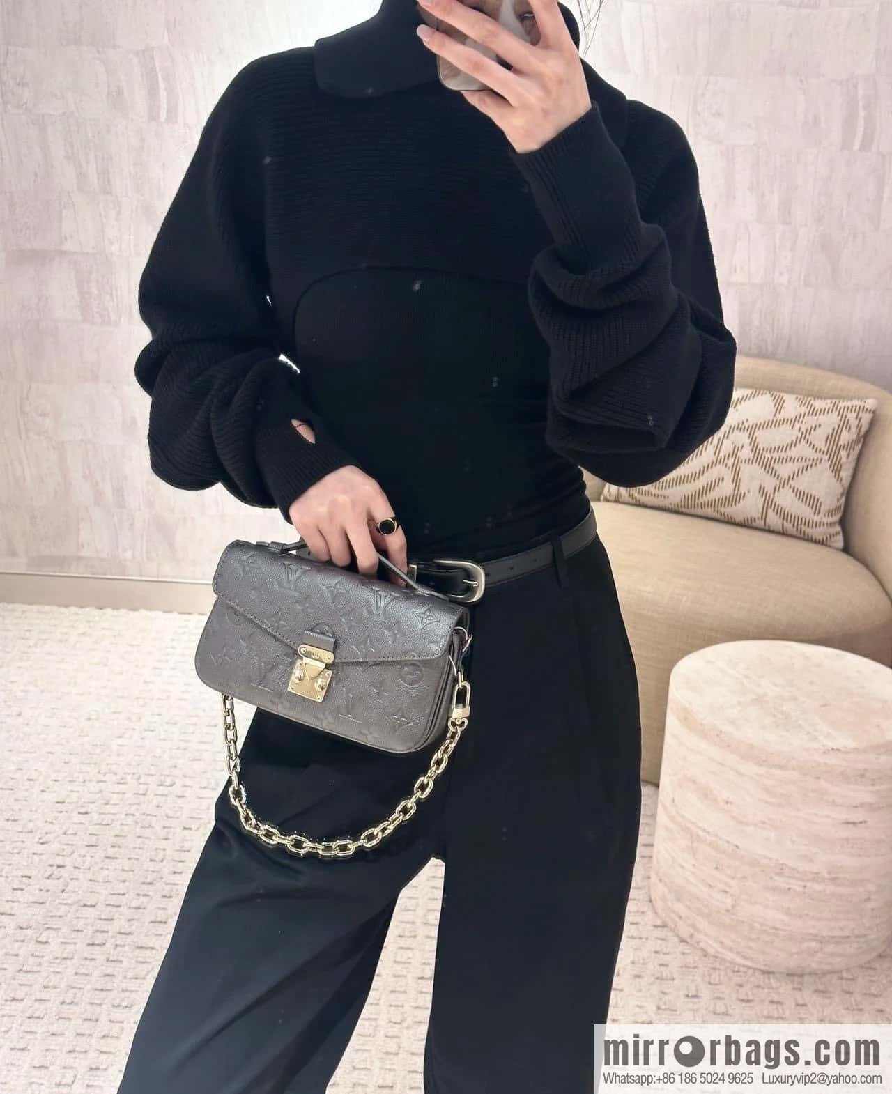 [Boutique‑grade] M11998 gun gray, full leather embossed chain messenger bag series Metis handbag