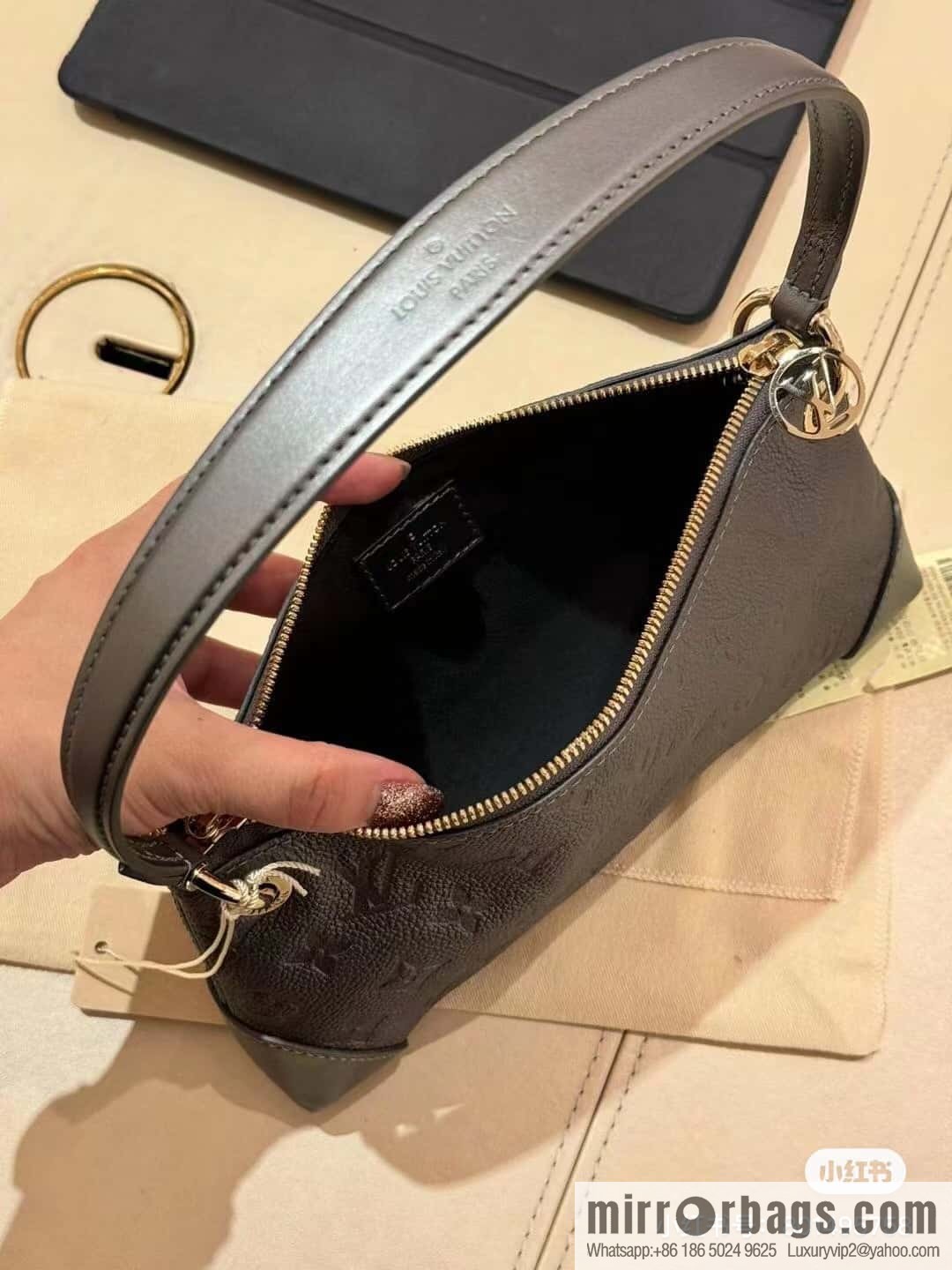 [Boutique‑grade] M12174 gun gray, full leather embossed armpit bag mahjong bag series Pochette Sèvres handbag