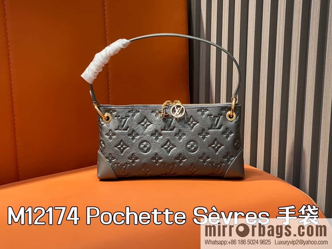 [Boutique‑grade] M12174 gun gray, full leather embossed armpit bag mahjong bag series Pochette Sèvres handbag