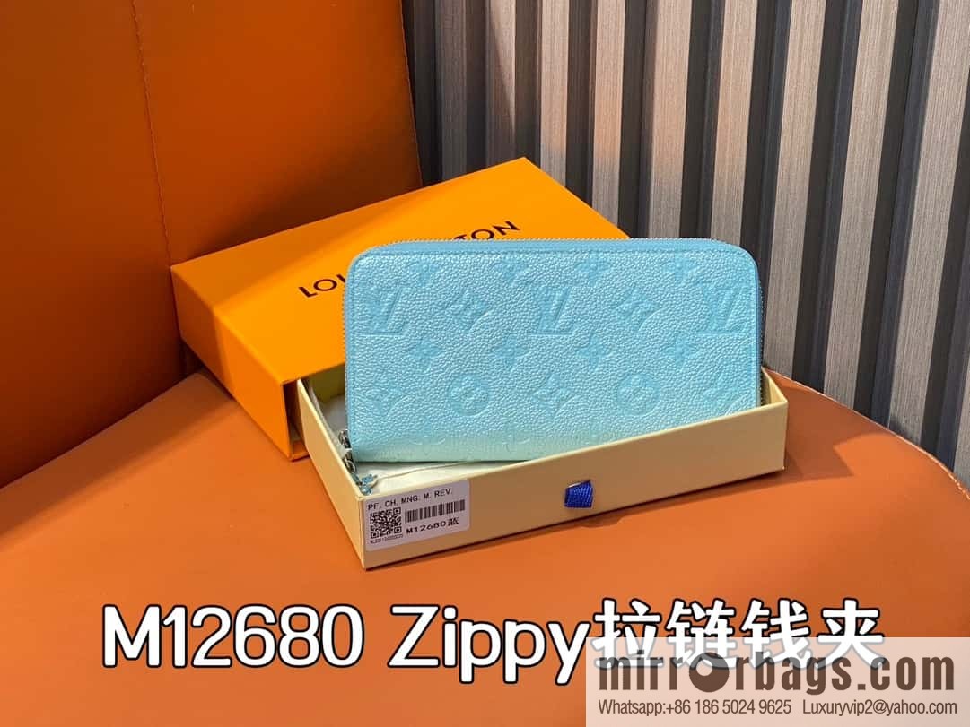 [Premium‑quality] M12680 pearlescent blue full leather embossed, single zipper wallet series Zippy zipper wallet