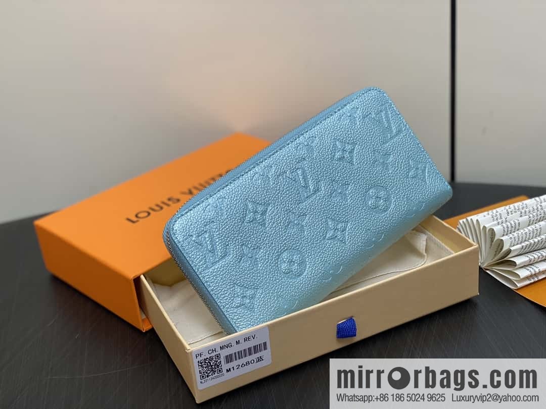 [Premium‑quality] M12680 pearlescent blue full leather embossed, single zipper wallet series Zippy zipper wallet