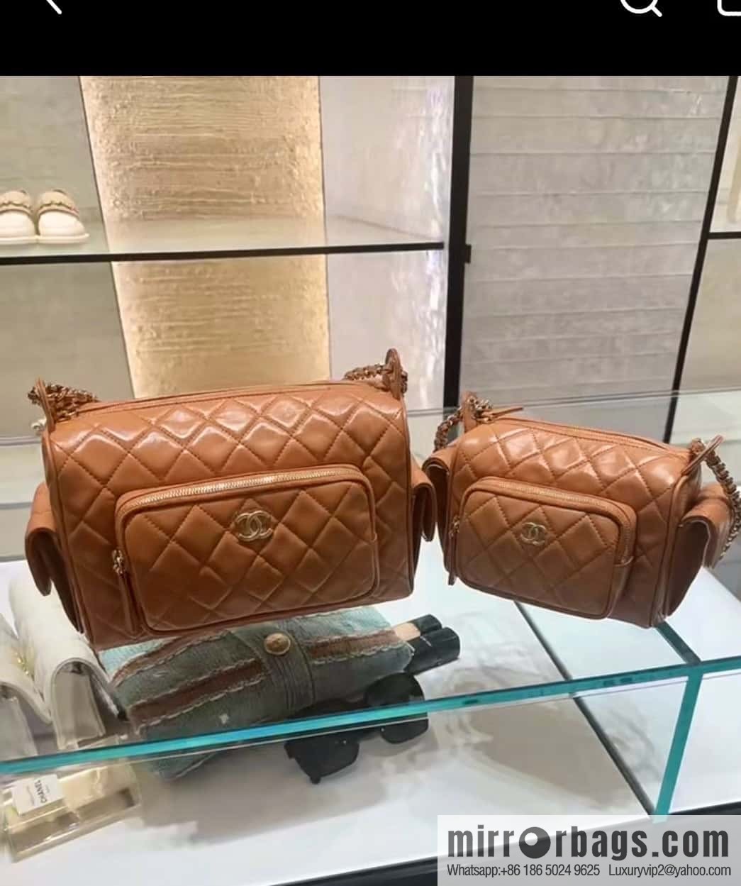 𝐂𝐇𝐀𝐍𝐄𝐋 24K multi-pocket camera bag, caramel color, small AS5220