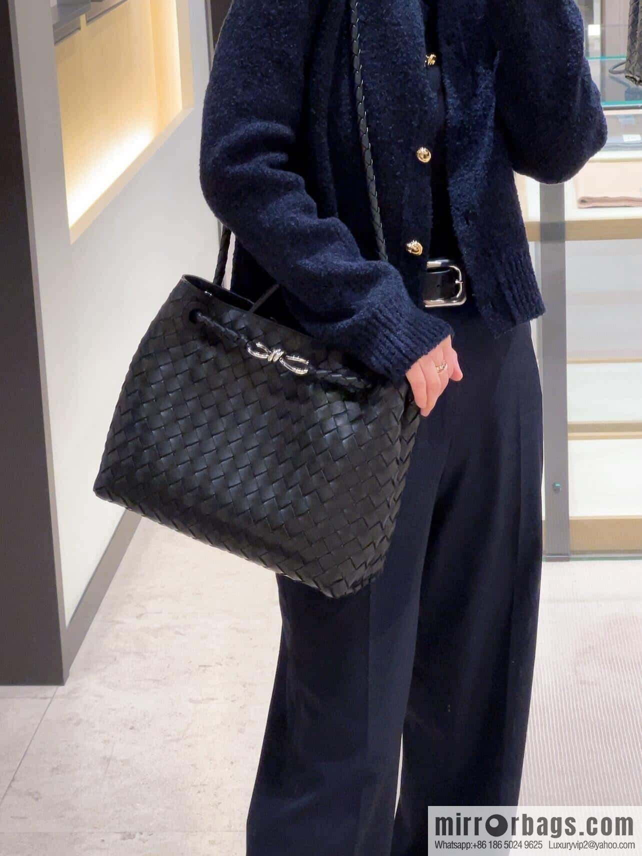 BV ๐ Medium Andiamo Handbag 766016 Black with Silver Buckle๐