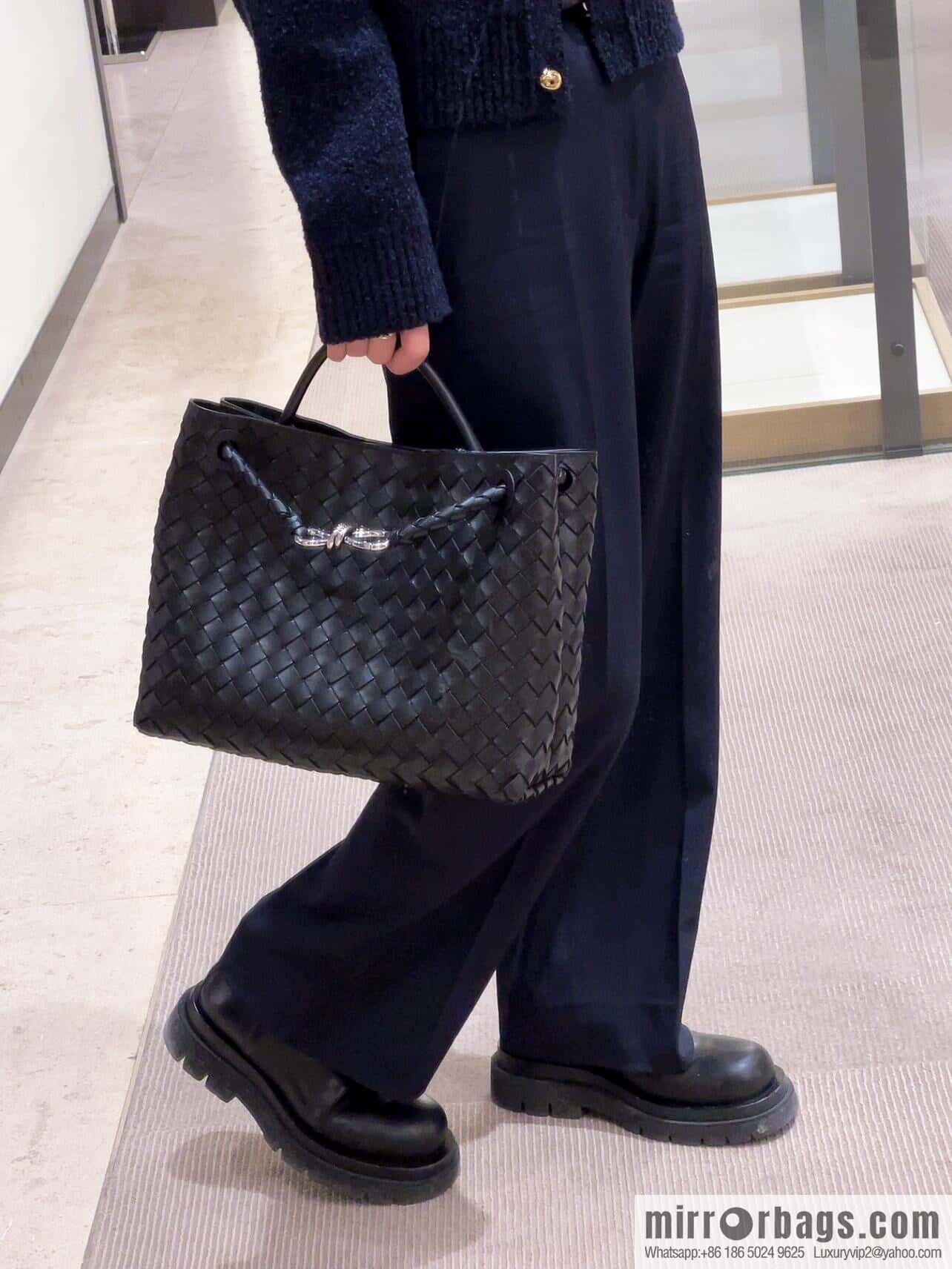 BV ๐ Medium Andiamo Handbag 766016 Black with Silver Buckle๐