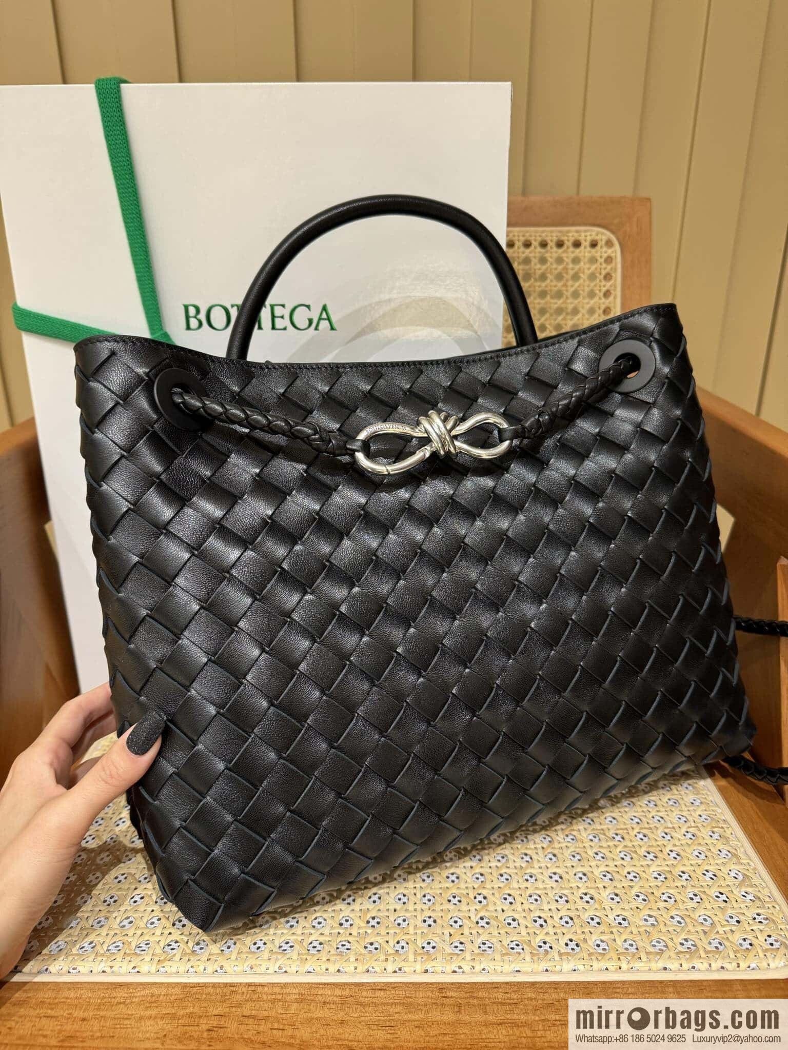BV ๐ Medium Andiamo Handbag 766016 Black with Silver Buckle๐