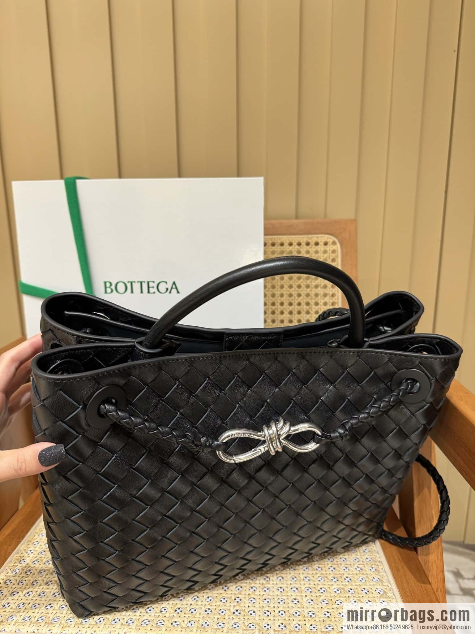 BV ๐ Medium Andiamo Handbag 766016 Black with Silver Buckle๐