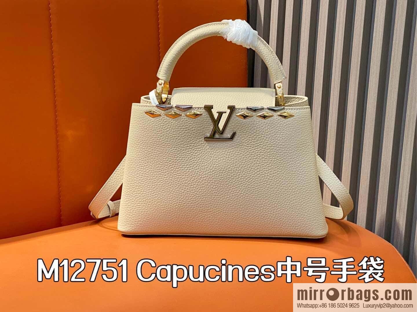 [Boutique‑grade] M12751 rice white full leather rhombus model, full leather cap that English series, this Capucines medium handbag