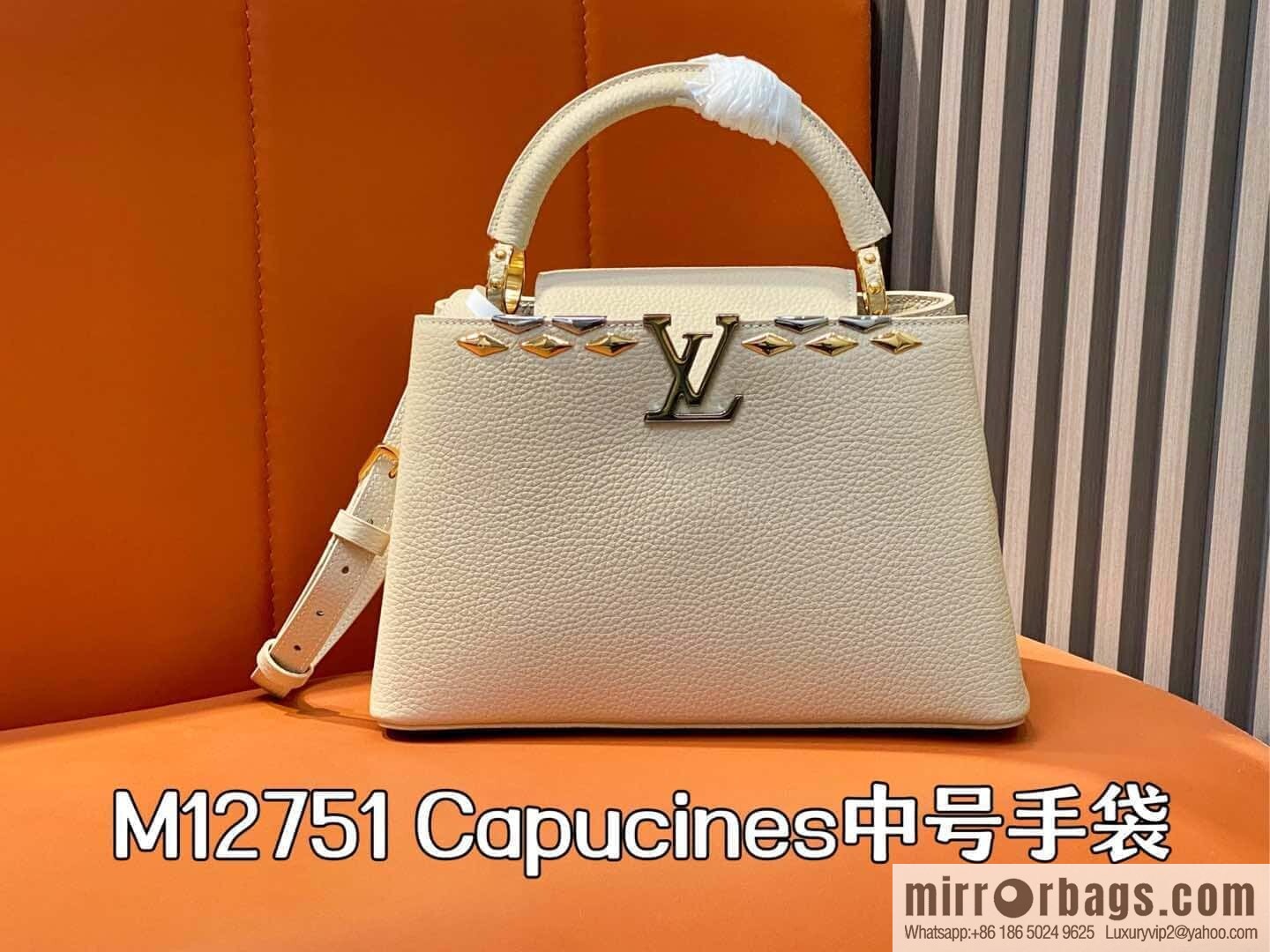 [Boutique‑grade] M12751 rice white full leather rhombus model, full leather cap that English series, this Capucines medium handbag