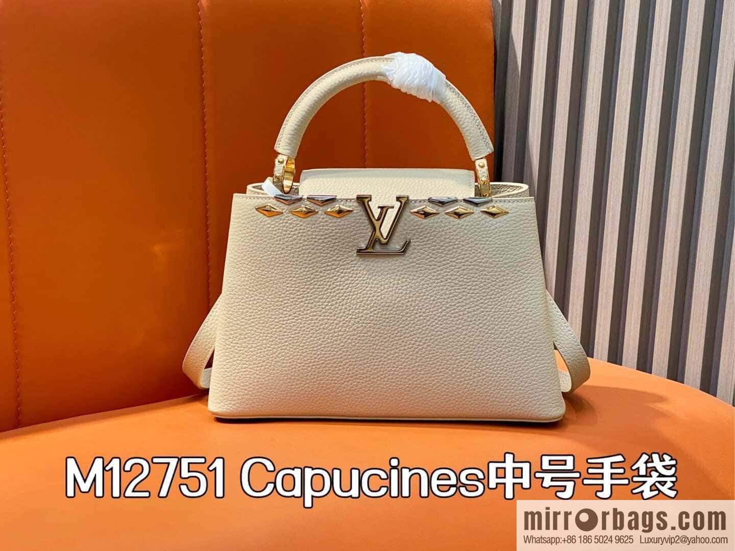 [Boutique‑grade] M12751 rice white full leather rhombus model, full leather cap that English series, this Capucines medium handbag