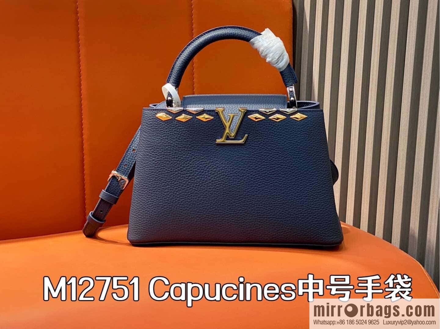 [Boutique‑grade] M12751 dark blue full leather rhombus, full leather cap Naxing series, this Capucines medium handbag