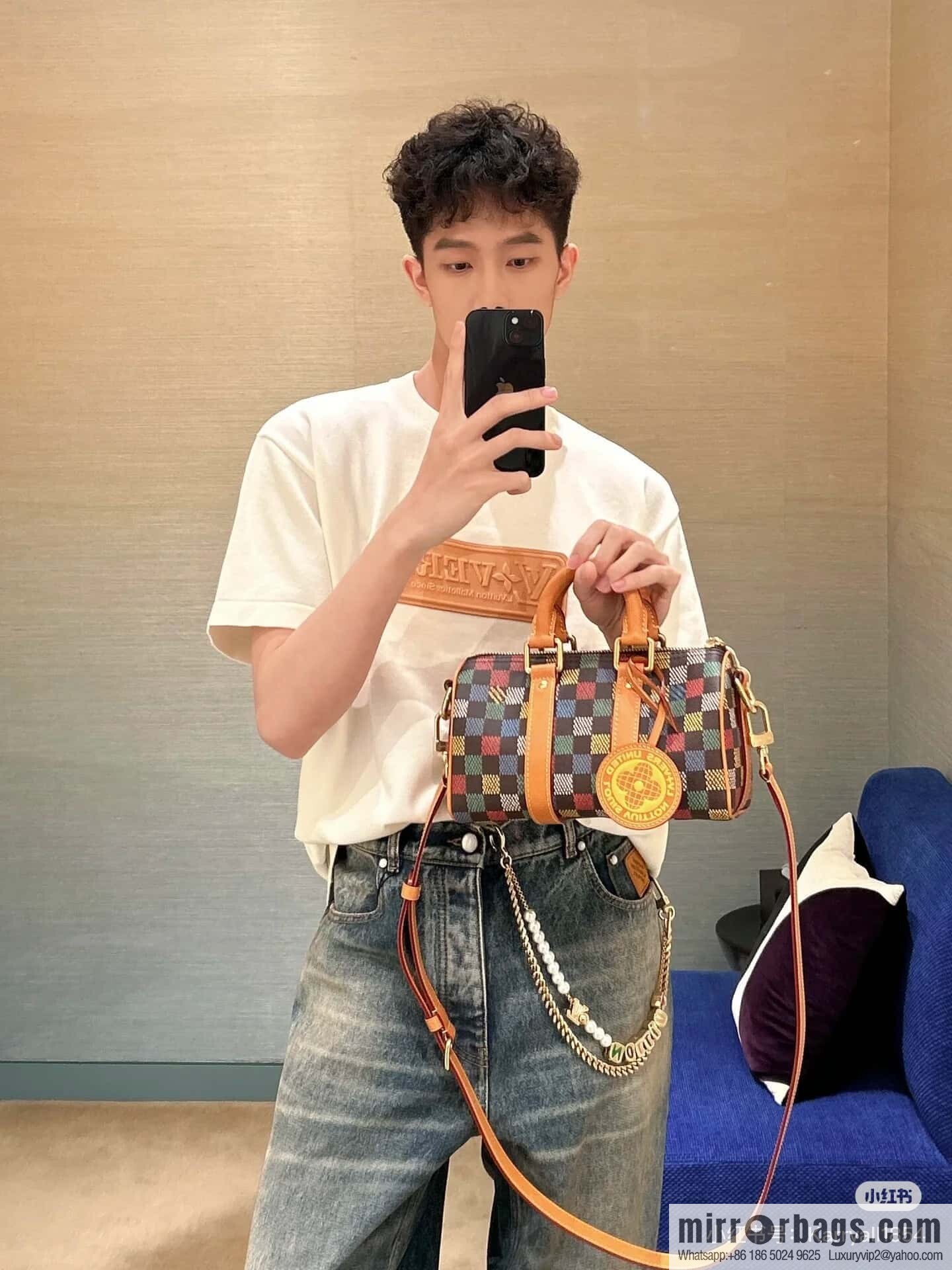 [Premium‑quality] M00148 color gradual change grid, men's bag pillow bag speedy series, this Keepall 25 handbag