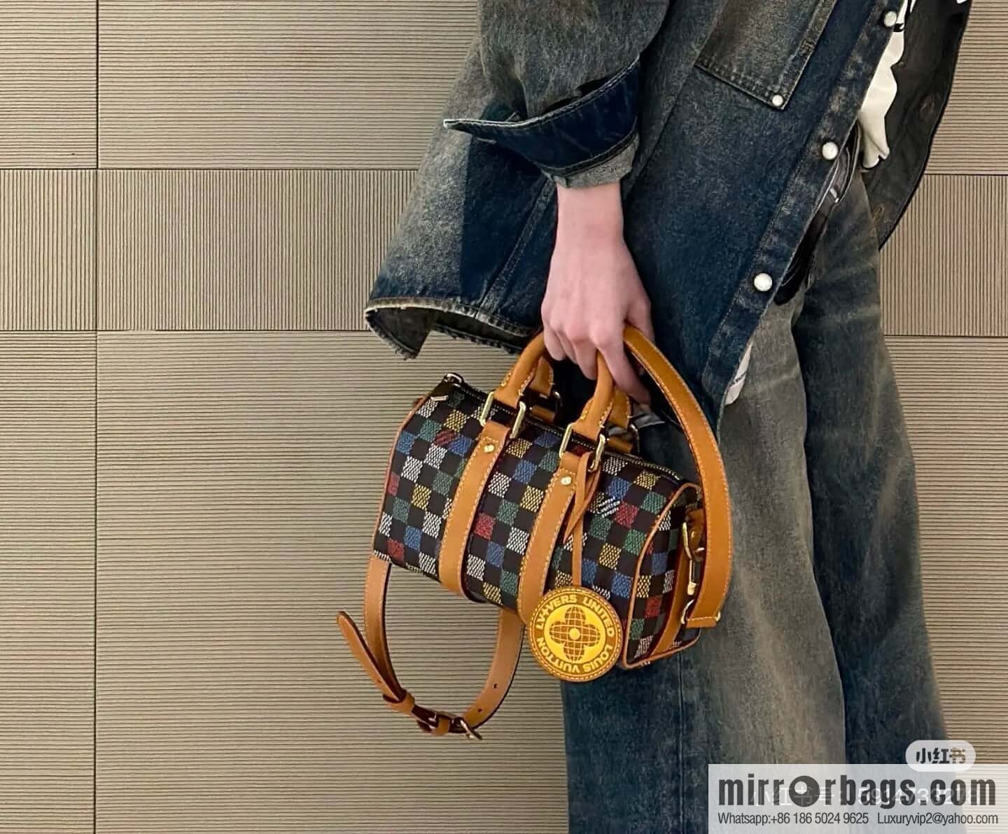 [Premium‑quality] M00148 color gradual change grid, men's bag pillow bag speedy series, this Keepall 25 handbag