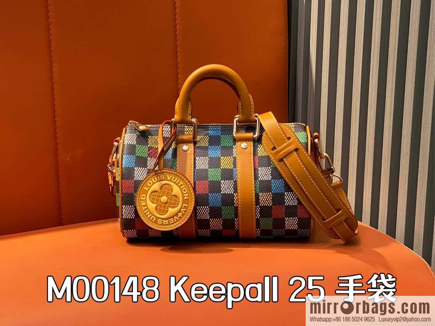 [Premium‑quality] M00148 color gradual change grid, men's bag pillow bag speedy series, this Keepall 25 handbag