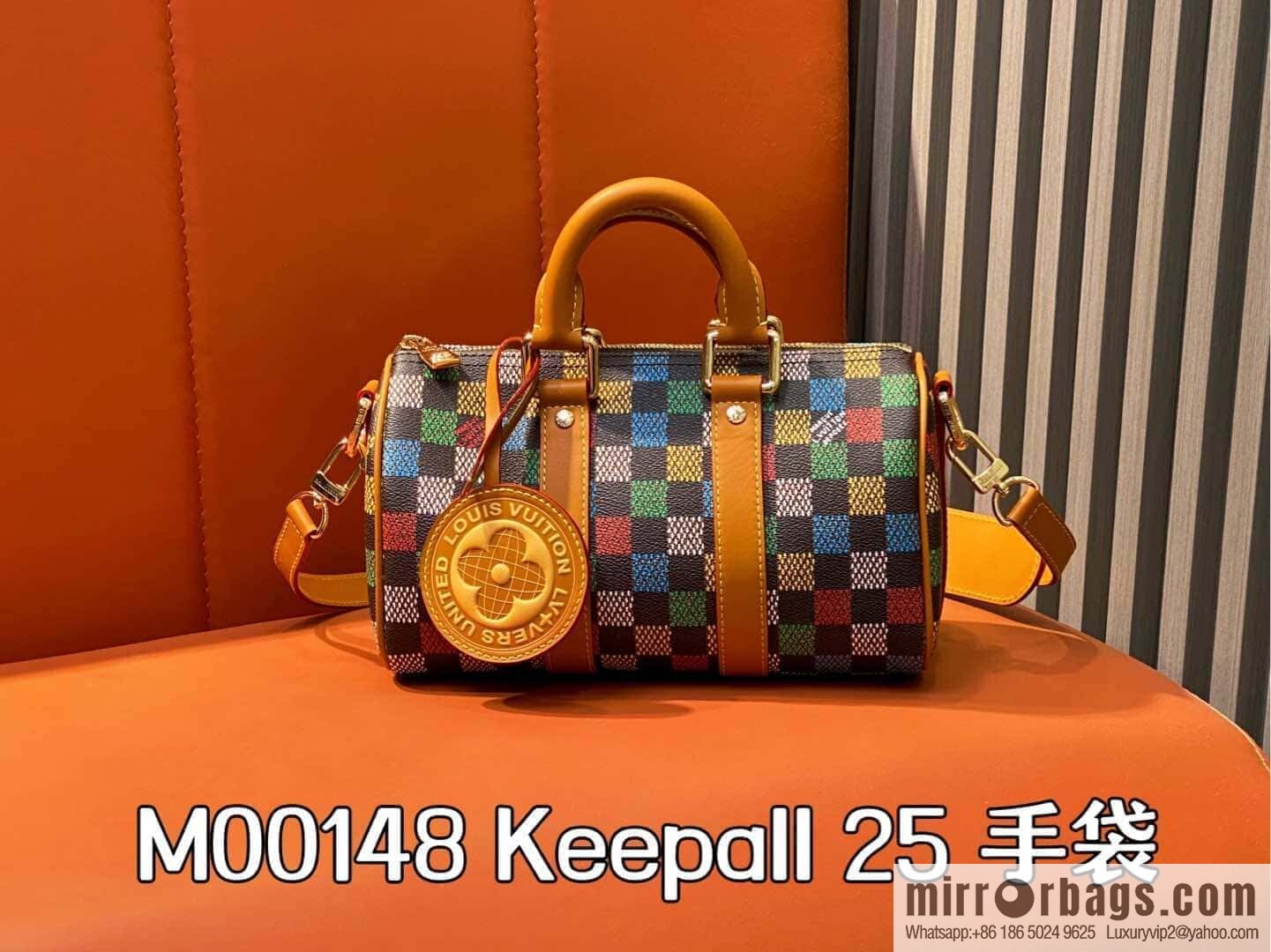 [Premium‑quality] M00148 color gradual change grid, men's bag pillow bag speedy series, this Keepall 25 handbag