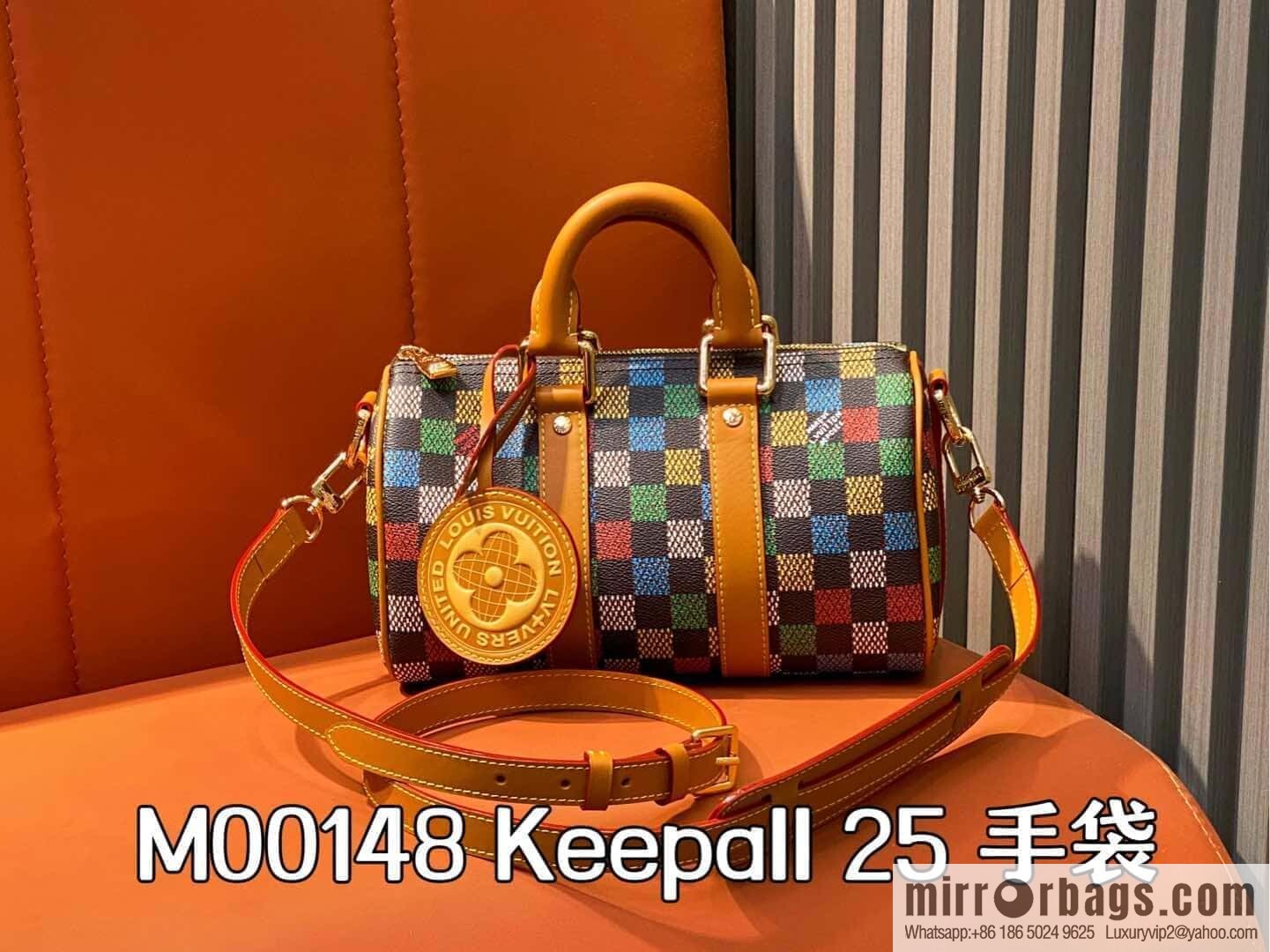 [Premium‑quality] M00148 color gradual change grid, men's bag pillow bag speedy series, this Keepall 25 handbag