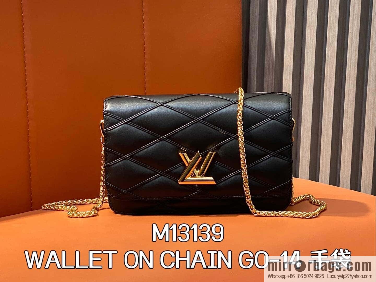 [Boutique‑grade] M13139 black, full leather rhombus chain bag WALLET ON CHAIN GO-14 handbag
