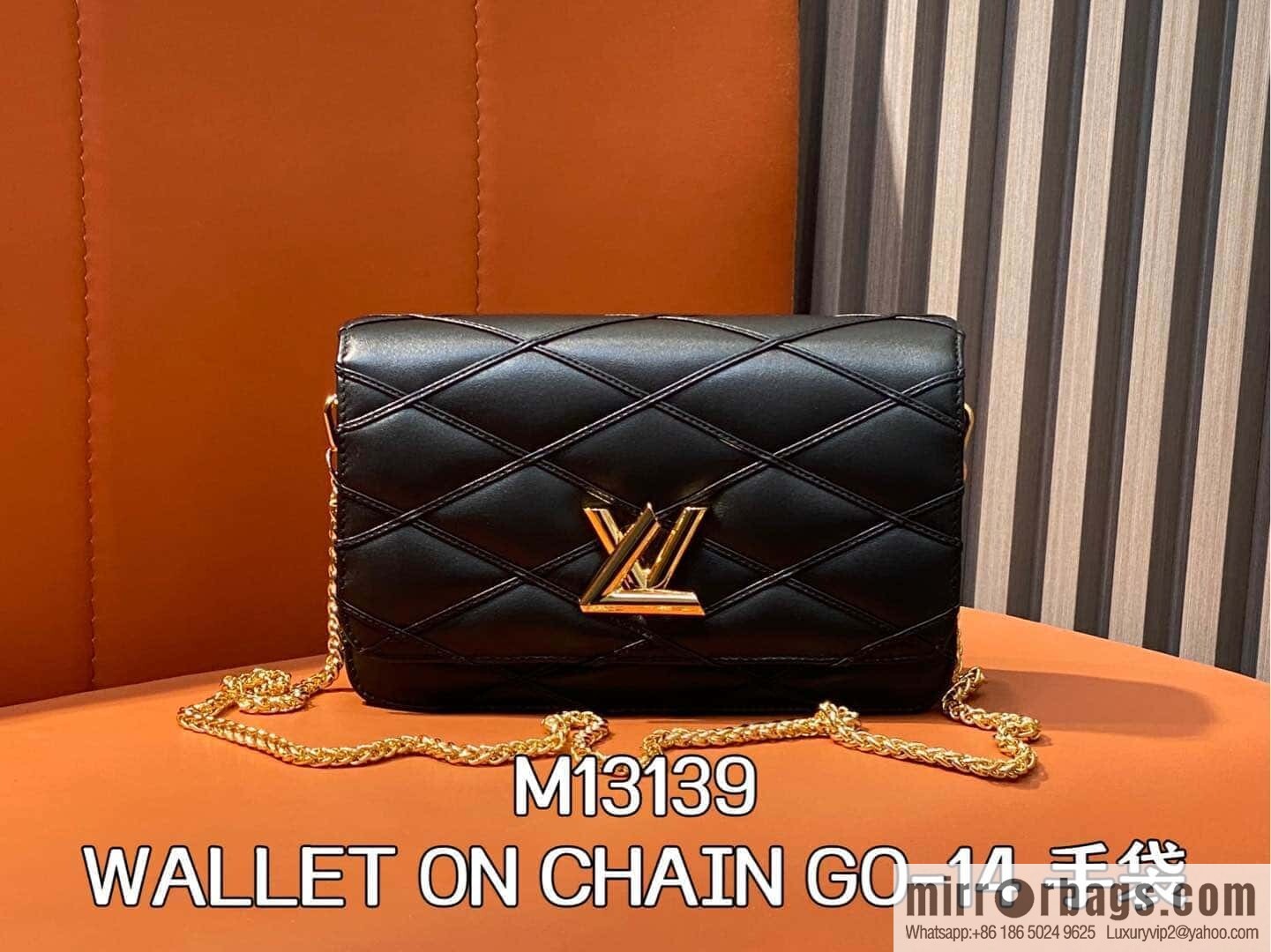 [Boutique‑grade] M13139 black, full leather rhombus chain bag WALLET ON CHAIN GO-14 handbag