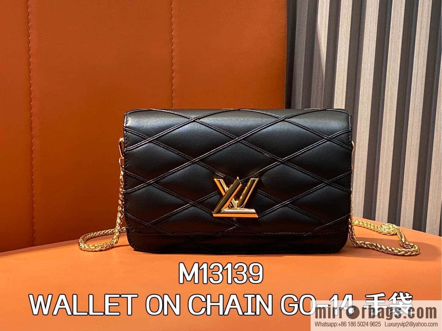 [Boutique‑grade] M13139 black, full leather rhombus chain bag WALLET ON CHAIN GO-14 handbag