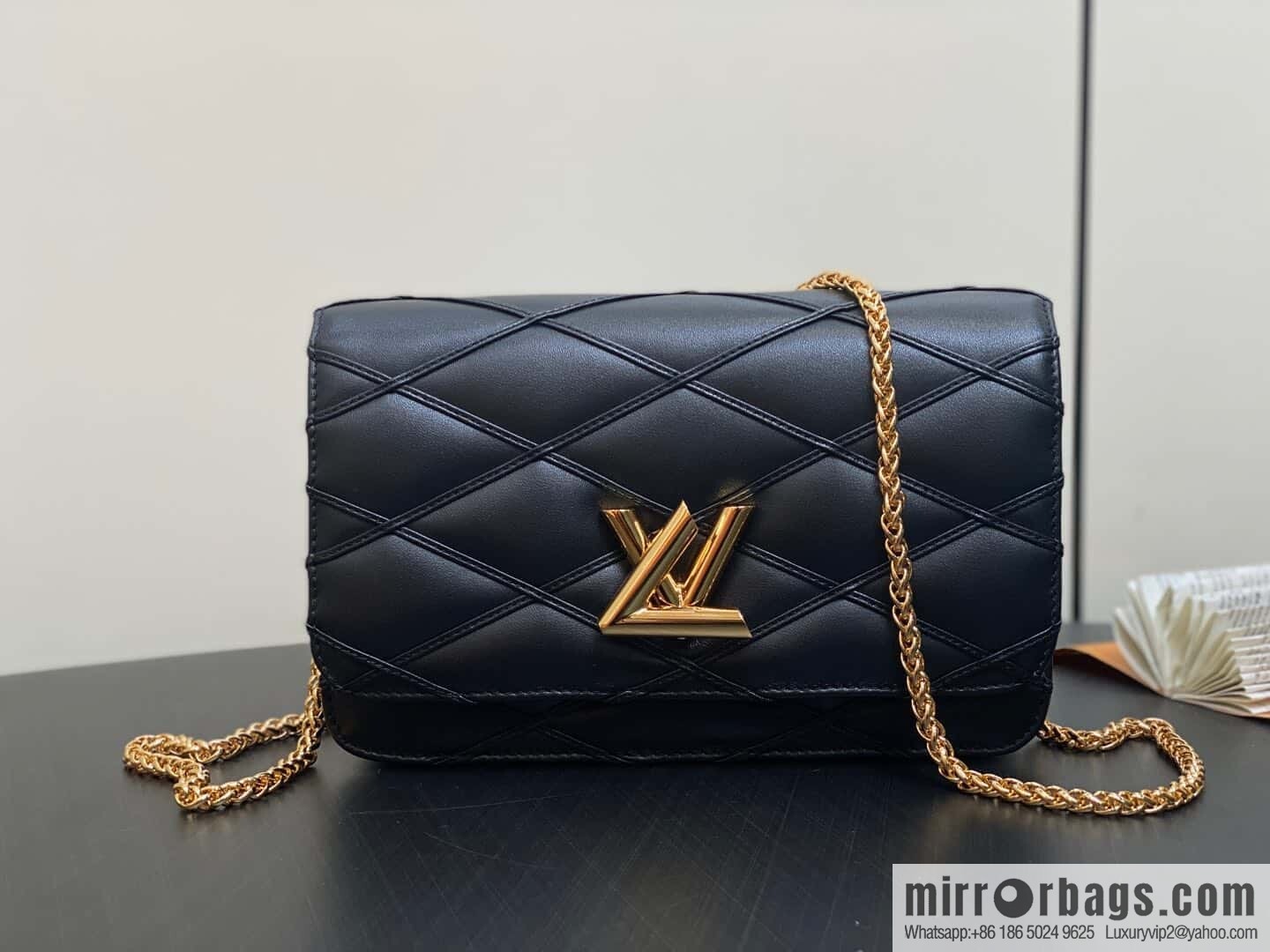 [Boutique‑grade] M13139 black, full leather rhombus chain bag WALLET ON CHAIN GO-14 handbag