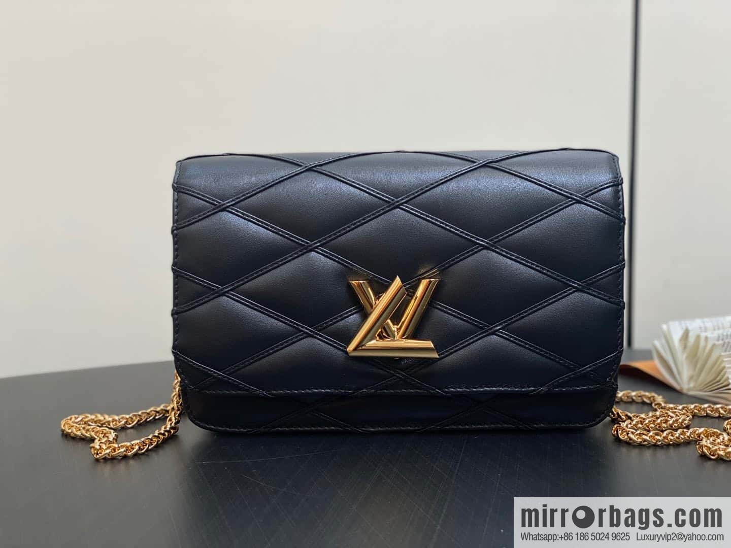 [Boutique‑grade] M13139 black, full leather rhombus chain bag WALLET ON CHAIN GO-14 handbag