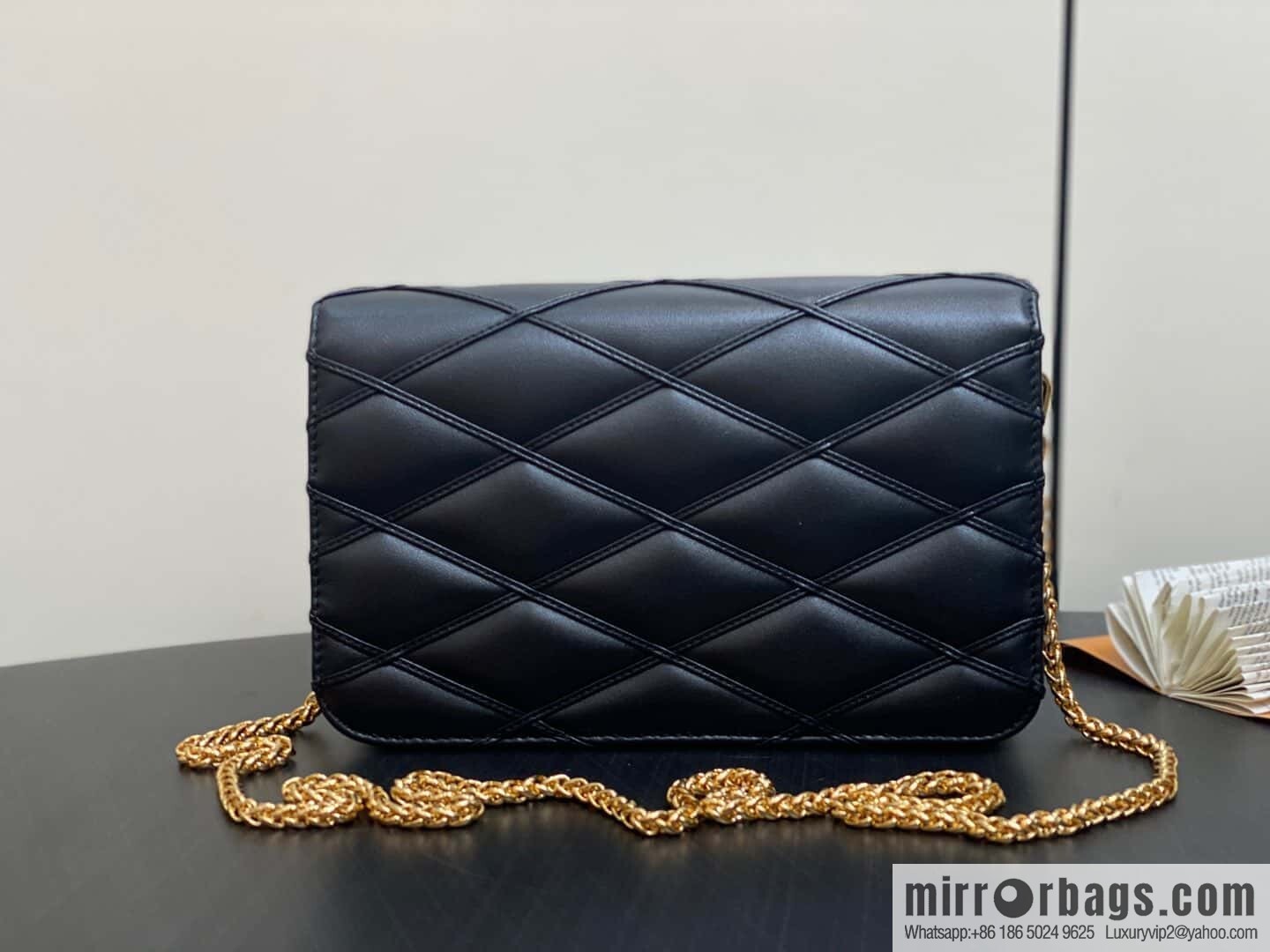 [Boutique‑grade] M13139 black, full leather rhombus chain bag WALLET ON CHAIN GO-14 handbag
