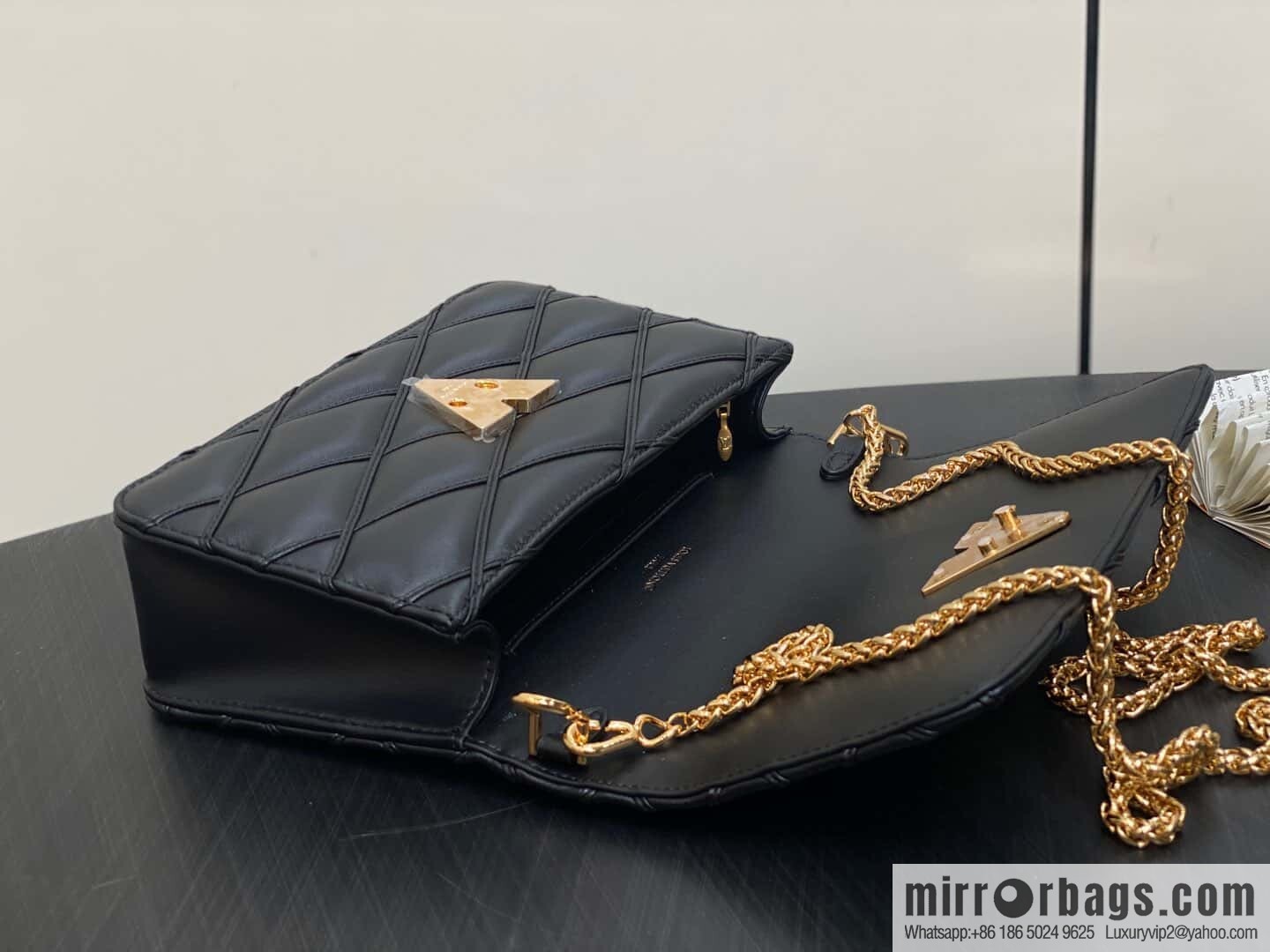 [Boutique‑grade] M13139 black, full leather rhombus chain bag WALLET ON CHAIN GO-14 handbag
