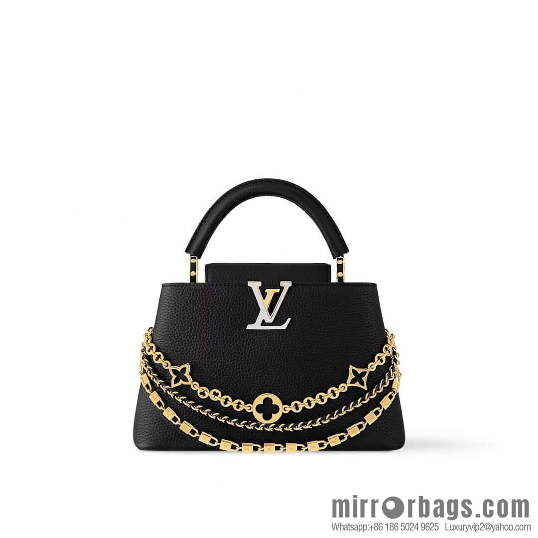[Boutique‑grade] M12345 black full leather cap that English Capucines medium handbag
