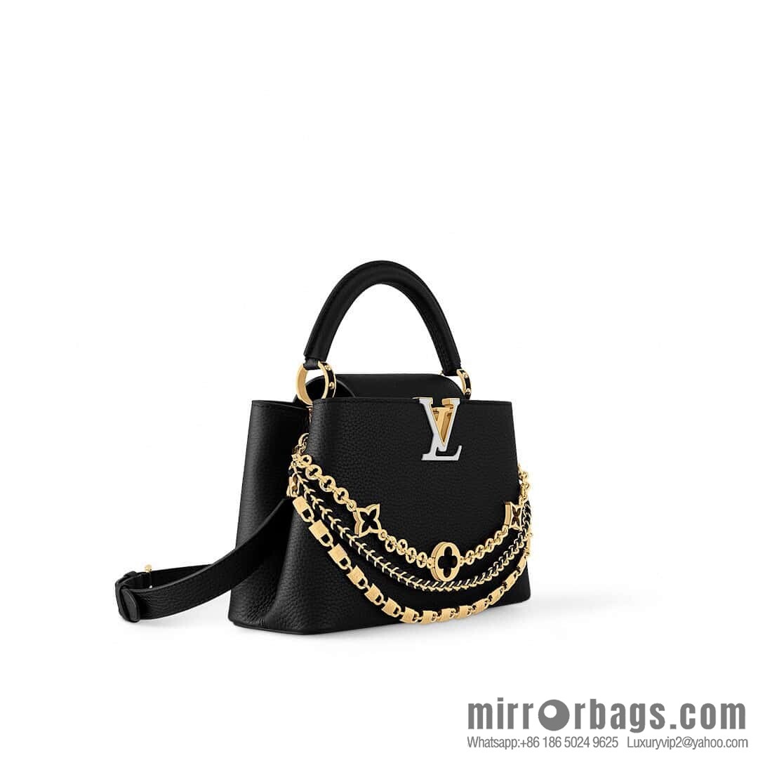 [Boutique‑grade] M12345 black full leather cap that English Capucines medium handbag