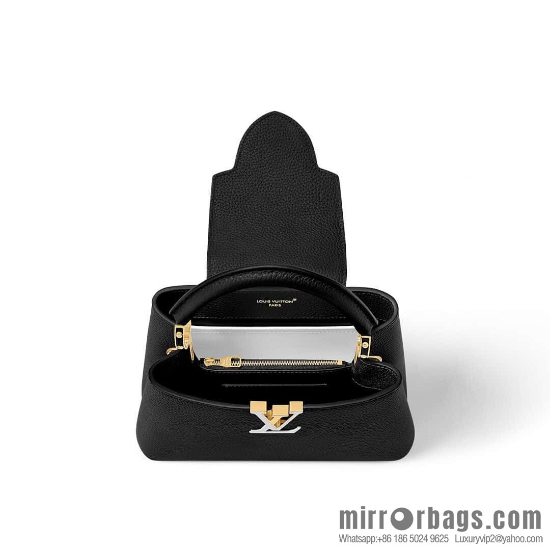 [Boutique‑grade] M12345 black full leather cap that English Capucines medium handbag