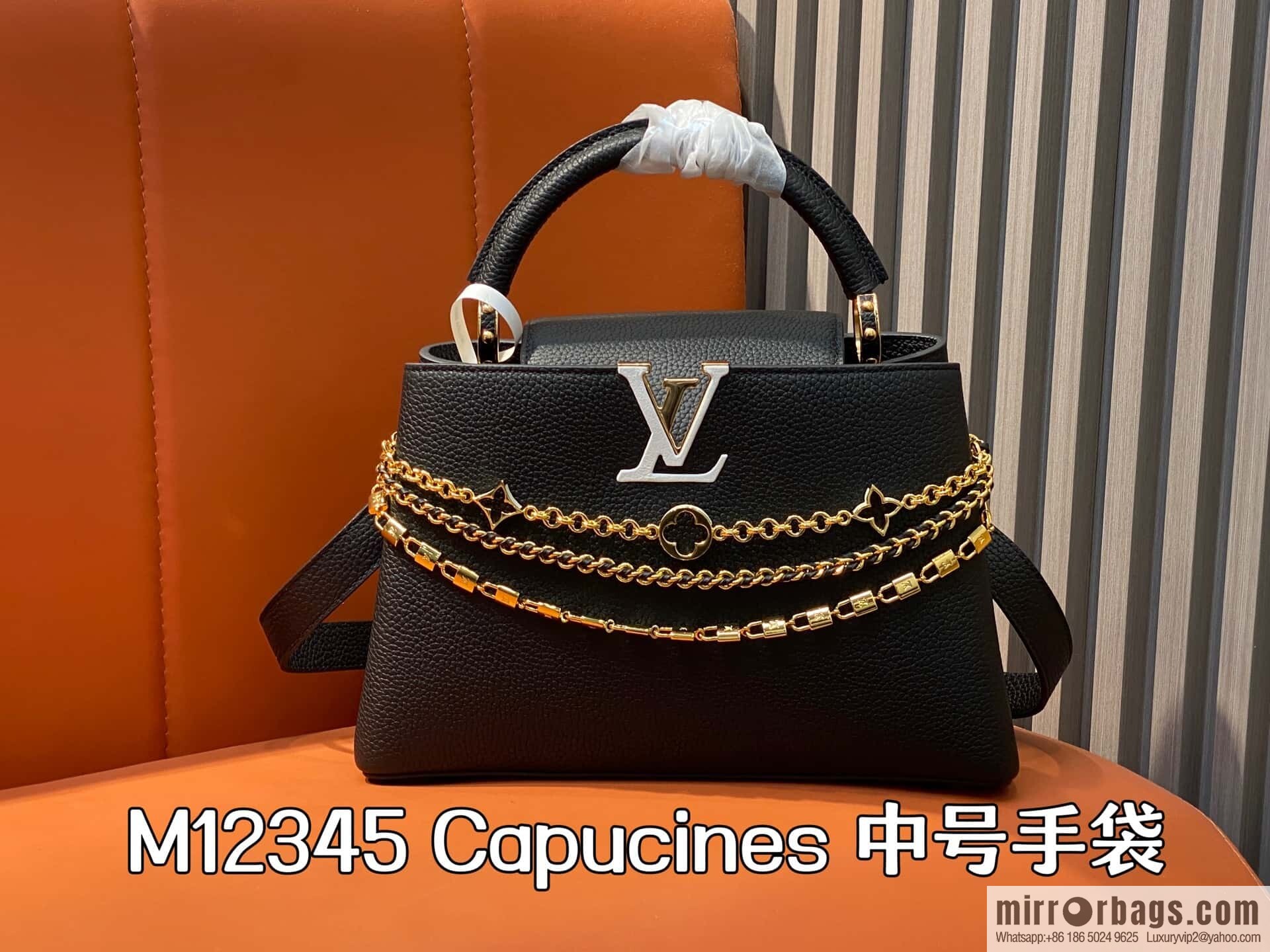[Boutique‑grade] M12345 black full leather cap that English Capucines medium handbag