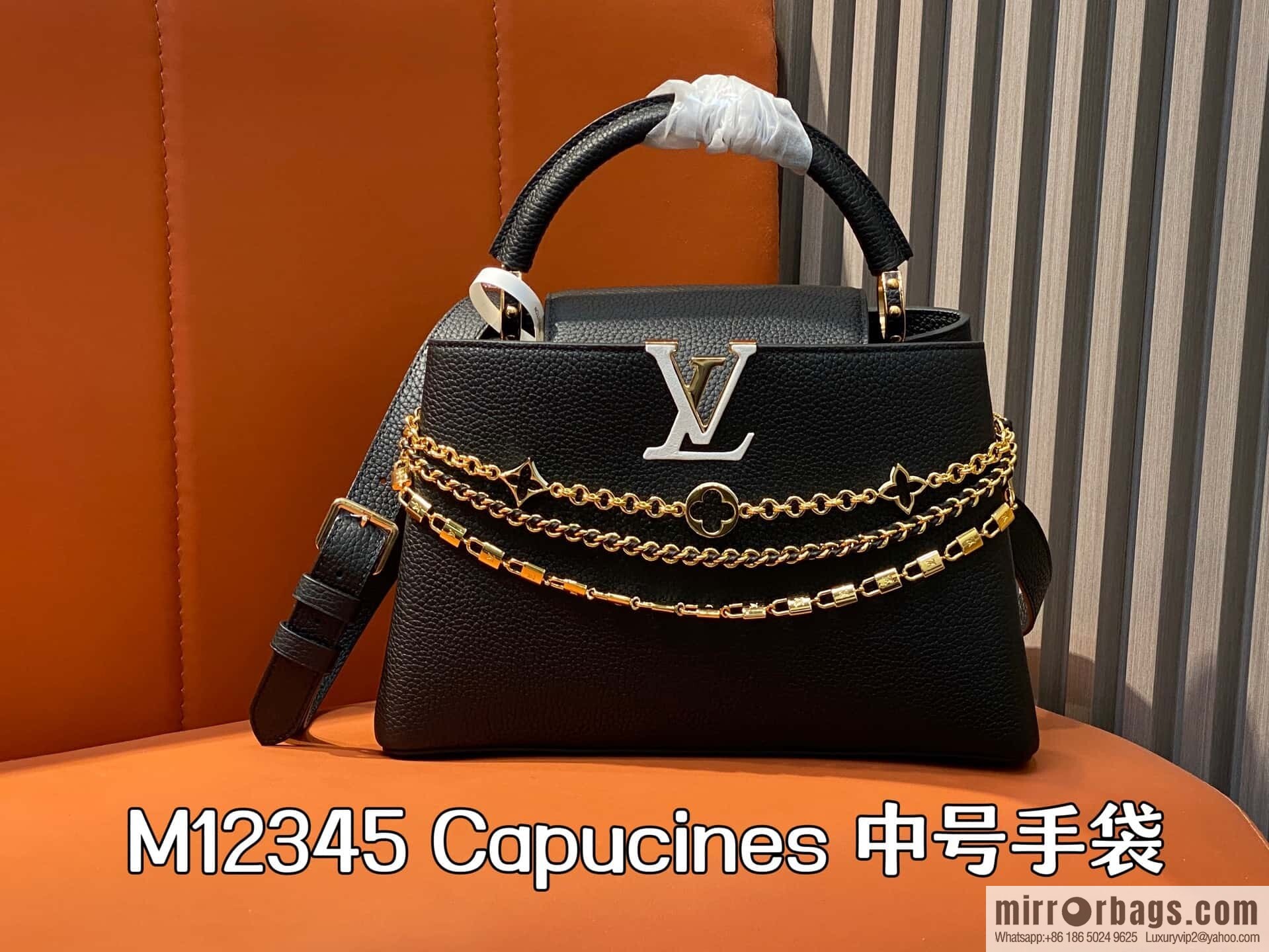[Boutique‑grade] M12345 black full leather cap that English Capucines medium handbag