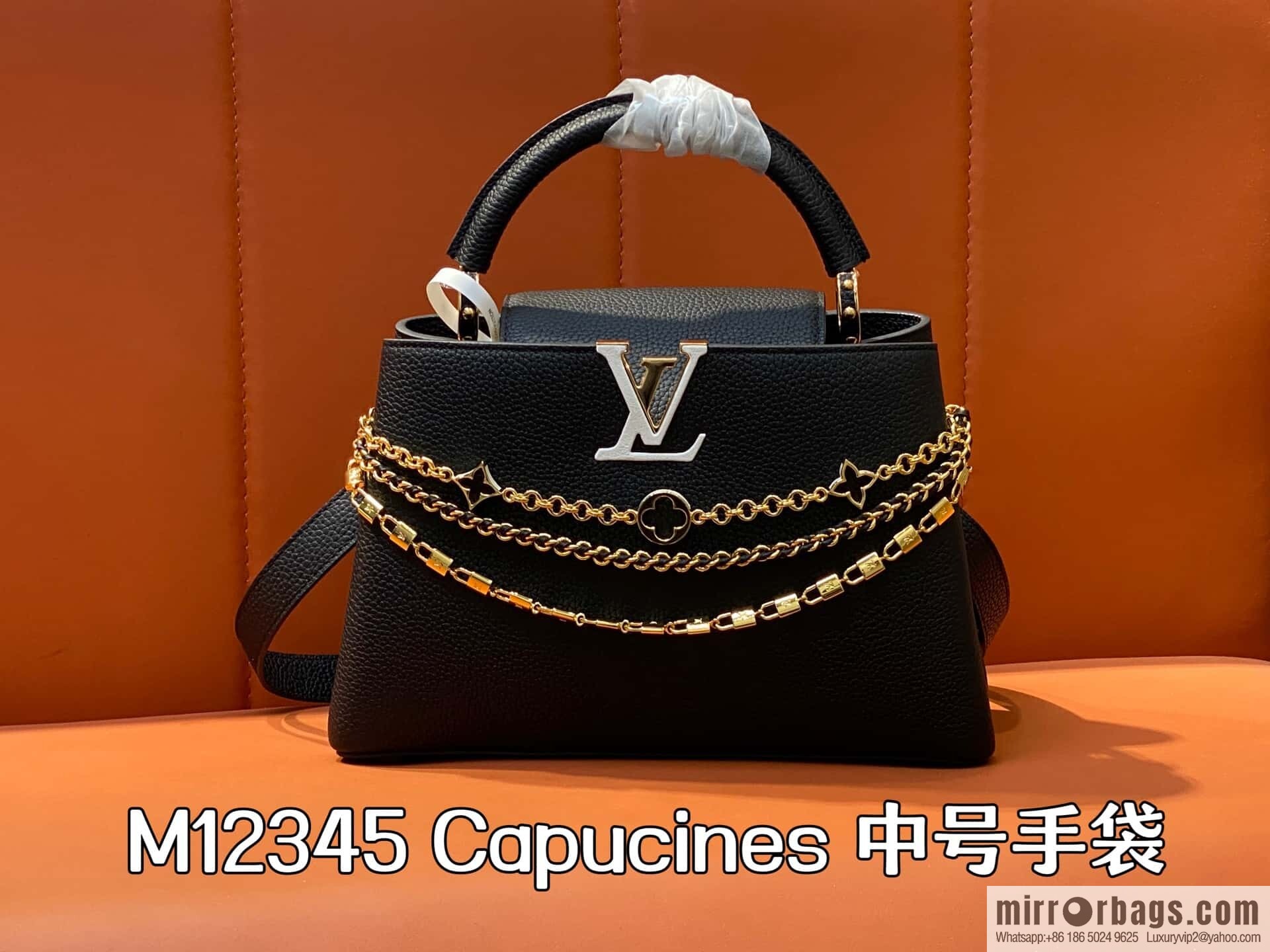 [Boutique‑grade] M12345 black full leather cap that English Capucines medium handbag