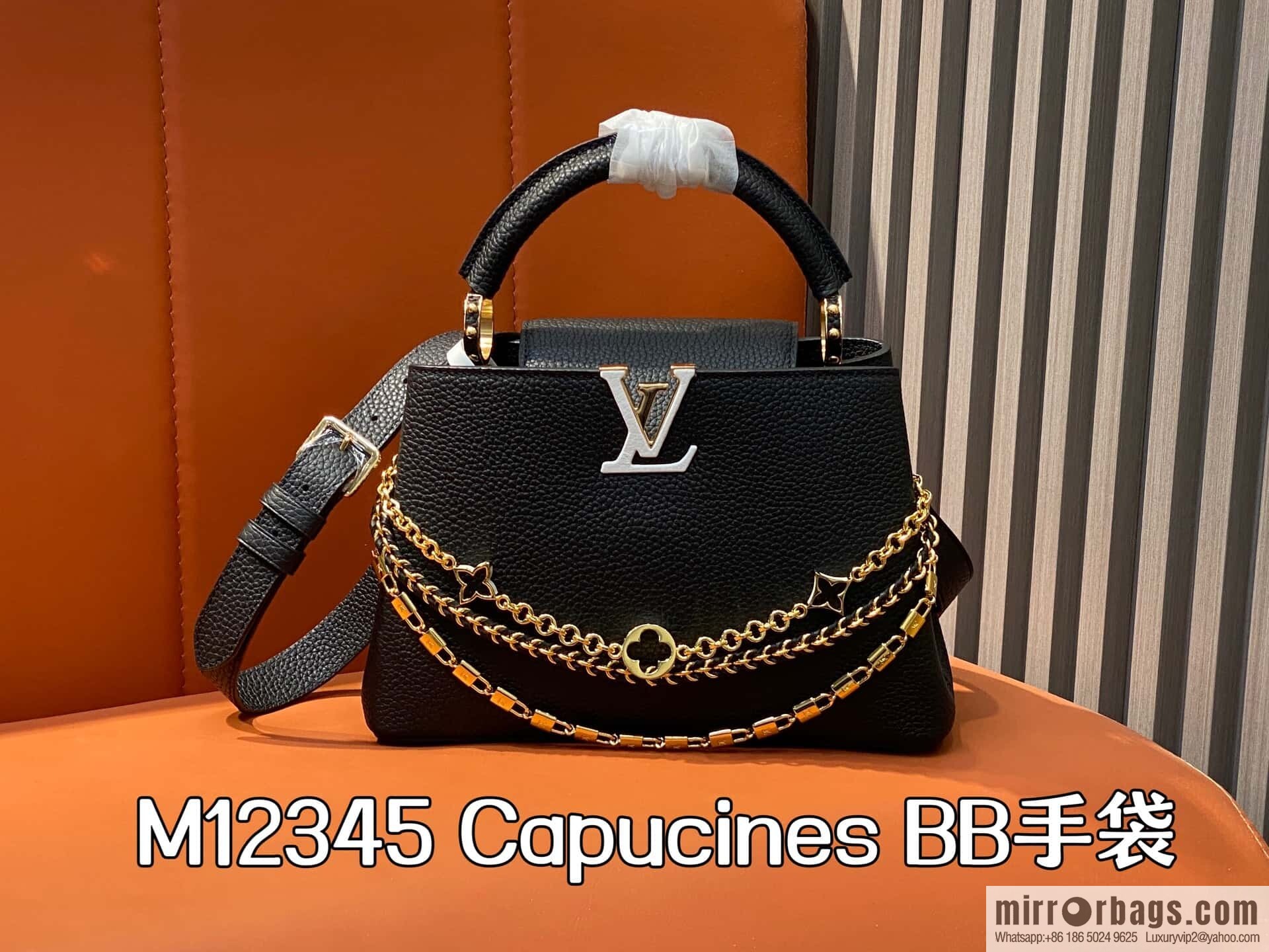 [Boutique‑grade] M12345 black, full leather cap that British Capucines BB handbag