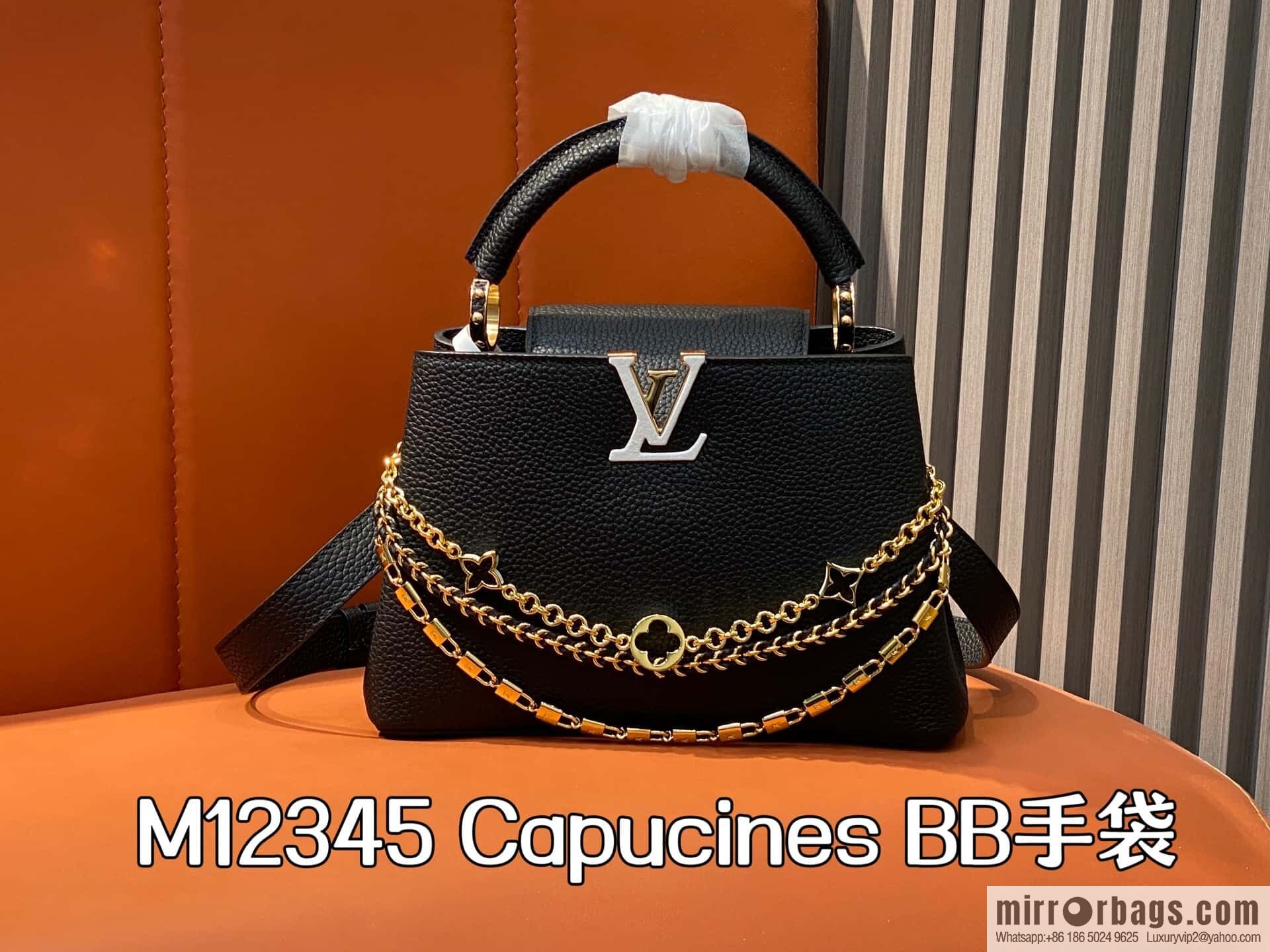 [Boutique‑grade] M12345 black, full leather cap that British Capucines BB handbag