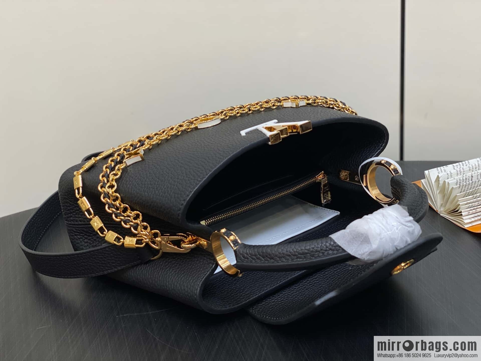 [Boutique‑grade] M12345 black, full leather cap that British Capucines BB handbag