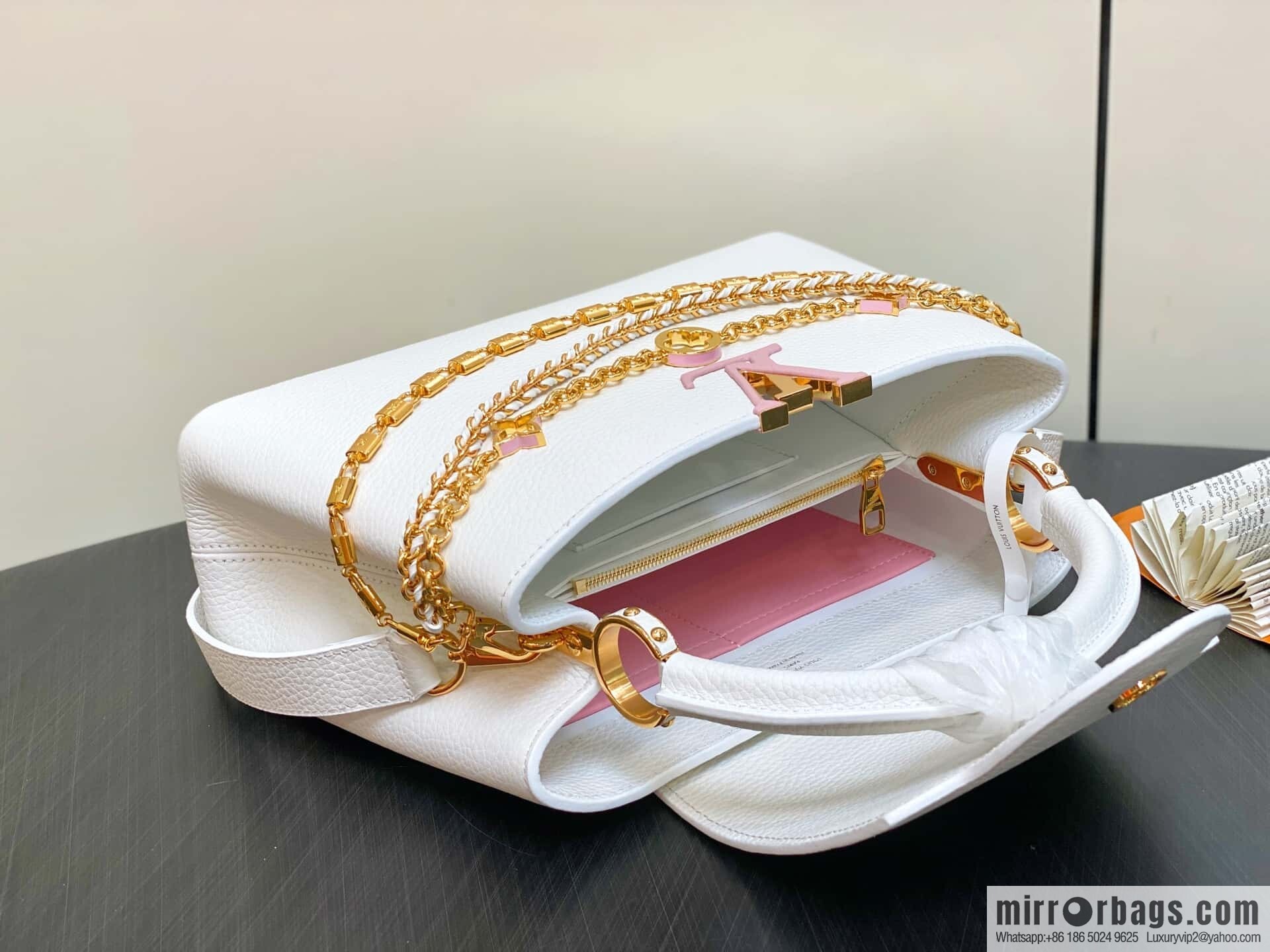 [Boutique‑grade] M12279 white, full leather cap that English Capucines medium handbag