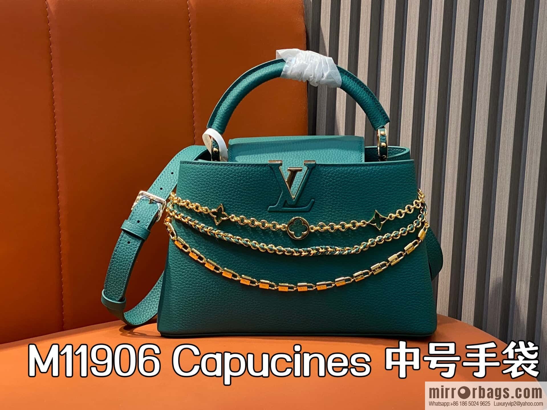[Boutique‑grade] M11906 green, full leather cap, English style, this Capucines medium handbag.