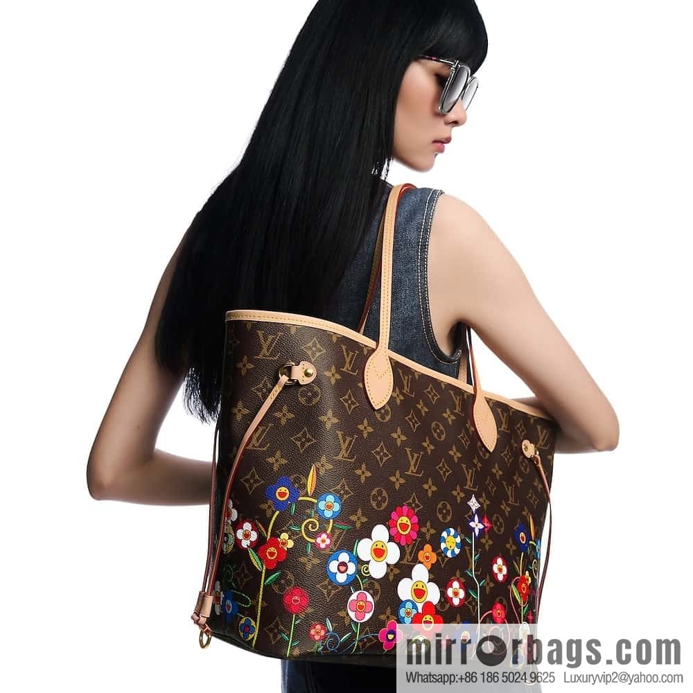 [Boutique‑grade] M13271 presbyopia, silk screen flower shopping bag NEVERFULL medium handbag