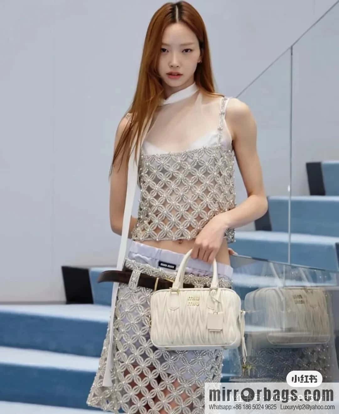 5BB124: MiuMiu's new too pretty bowling handbag, white Arcadie Matelassé soft sheepskin handbag