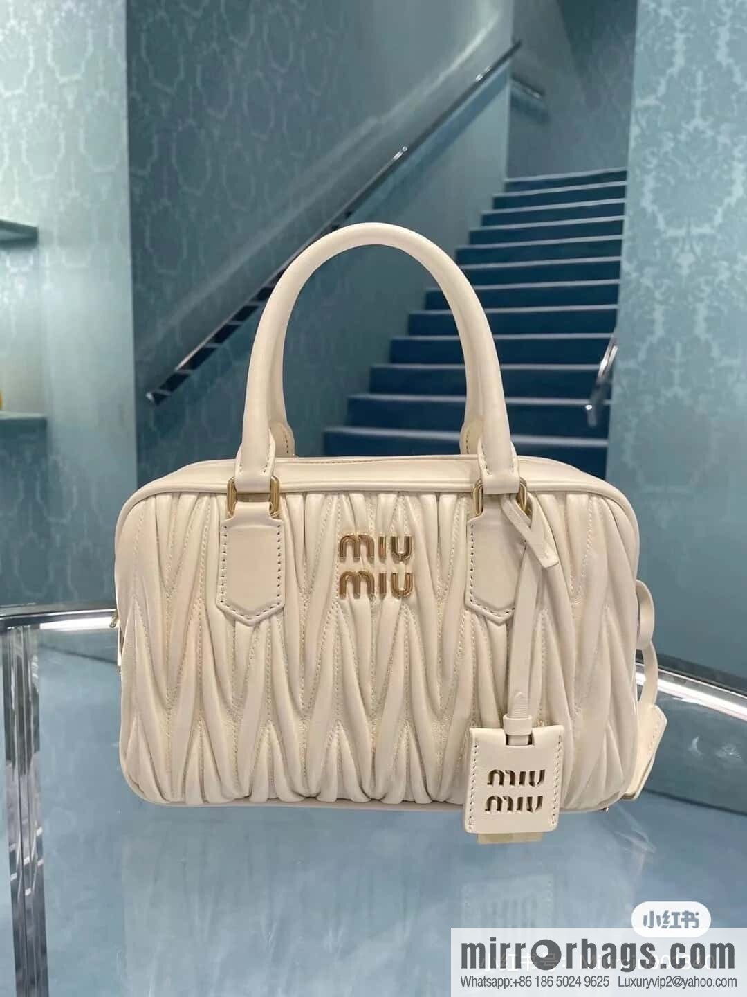 5BB124: MiuMiu's new too pretty bowling handbag, white Arcadie Matelassé soft sheepskin handbag