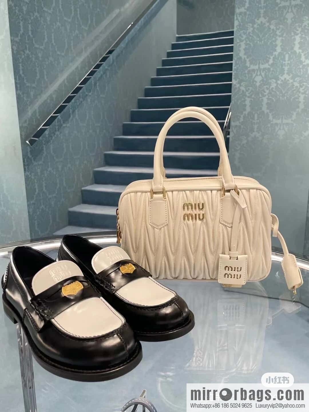 5BB124: MiuMiu's new too pretty bowling handbag, white Arcadie Matelassé soft sheepskin handbag