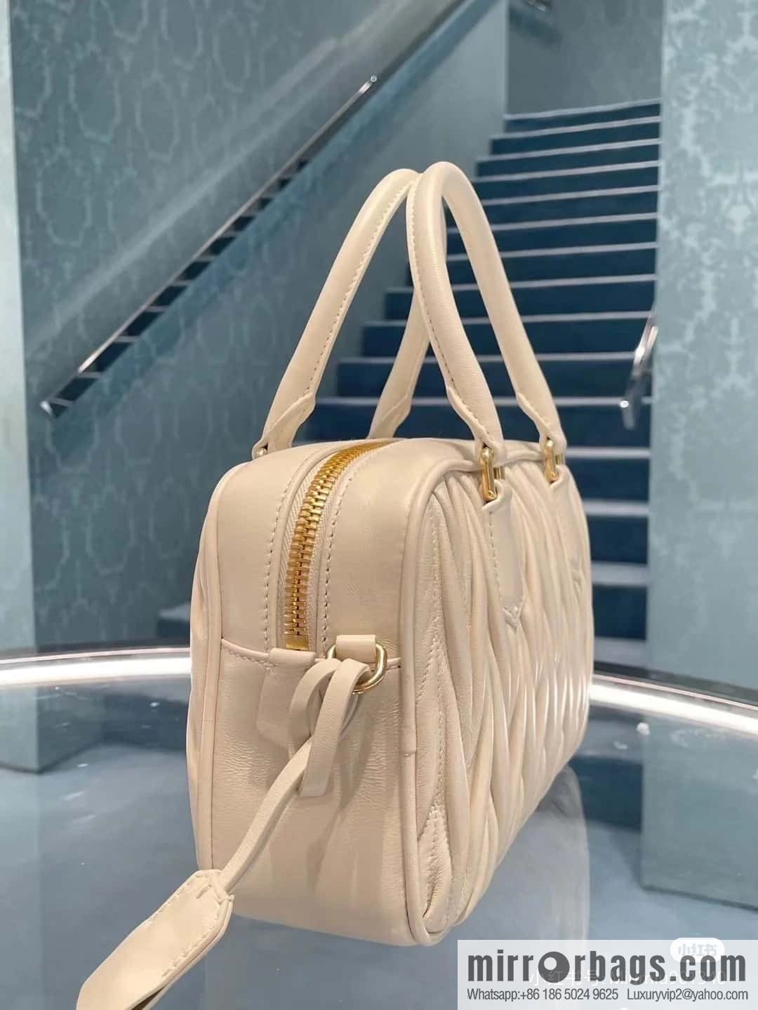 5BB124: MiuMiu's new too pretty bowling handbag, white Arcadie Matelassé soft sheepskin handbag