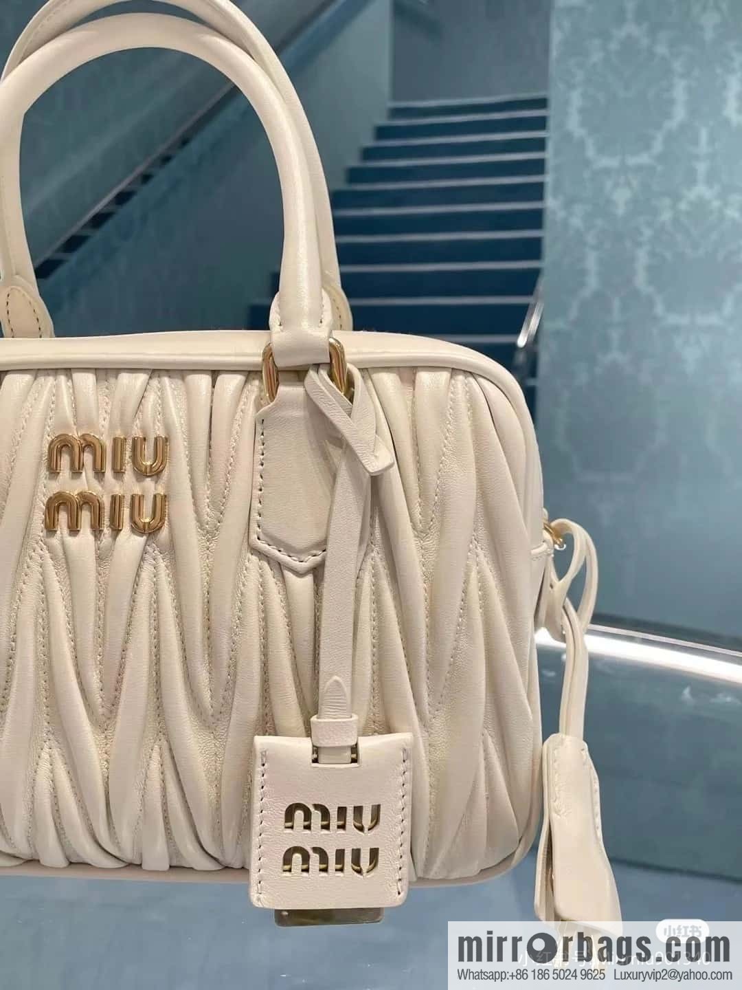 5BB124: MiuMiu's new too pretty bowling handbag, white Arcadie Matelassé soft sheepskin handbag
