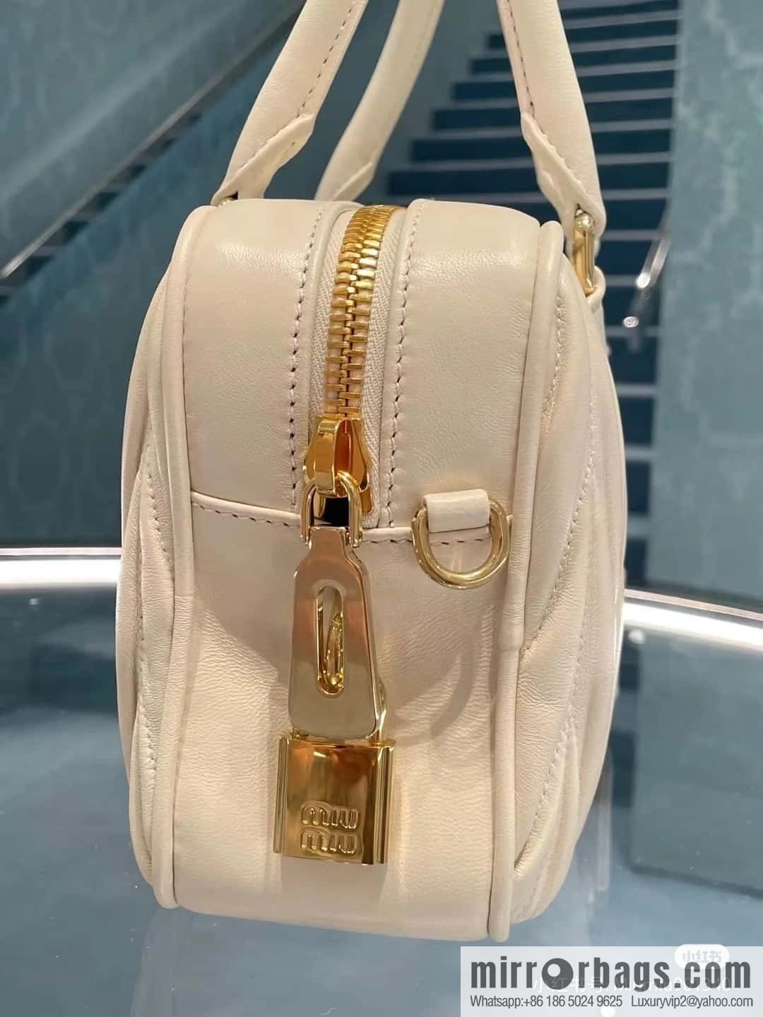 5BB124: MiuMiu's new too pretty bowling handbag, white Arcadie Matelassé soft sheepskin handbag